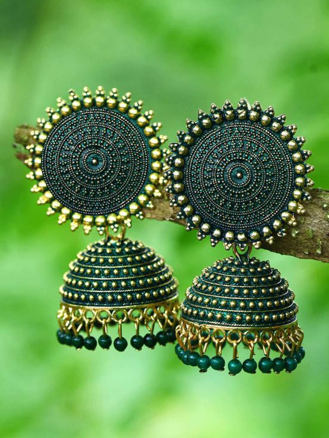 

DIVASTRI Gold-Plated Beaded Dome Shaped Jhumkas, Green