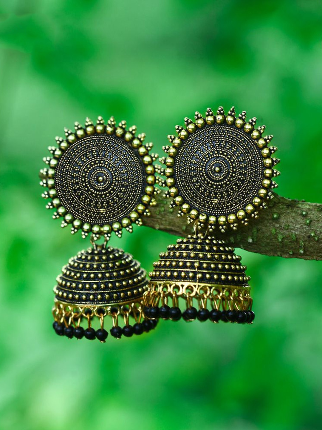 

DIVASTRI Gold-Plated Beaded Dome Shaped Jhumkas, Black