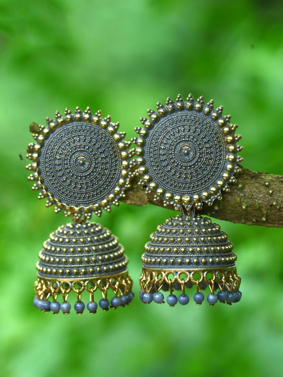 

DIVASTRI Gold Plated Artificial Stones and Beads Circular Jhumkas, Grey