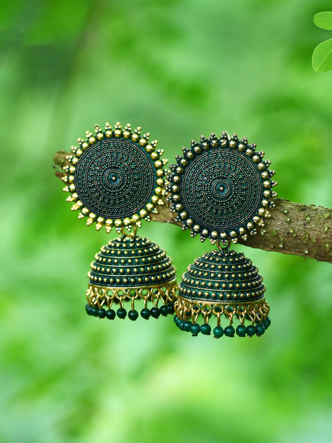 

DIVASTRI Gold Plated Artificial Stones and Beads Circular Jhumkas, Green