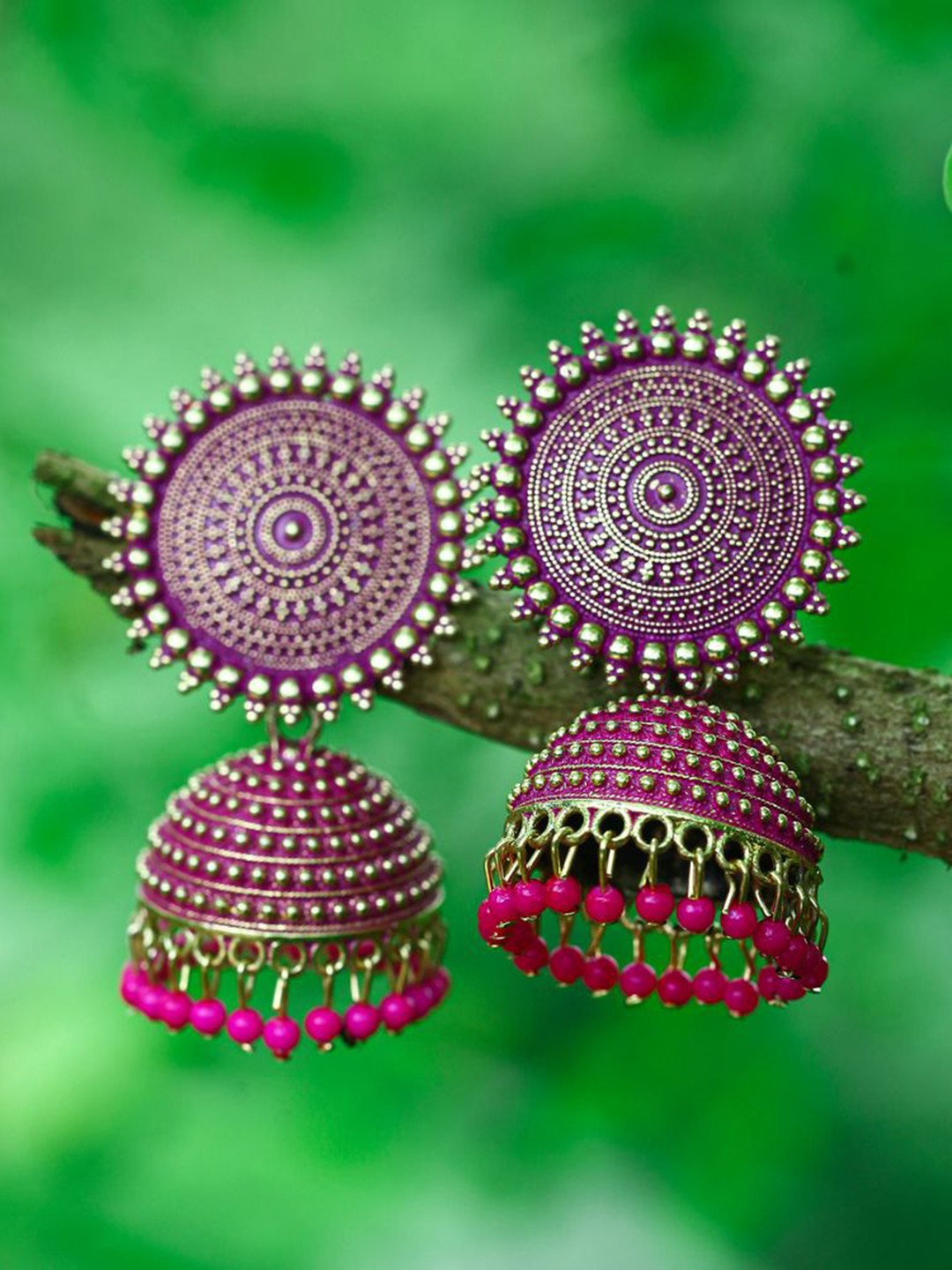 

DIVASTRI Gold-Plated Beaded Dome Shaped Jhumkas, Pink