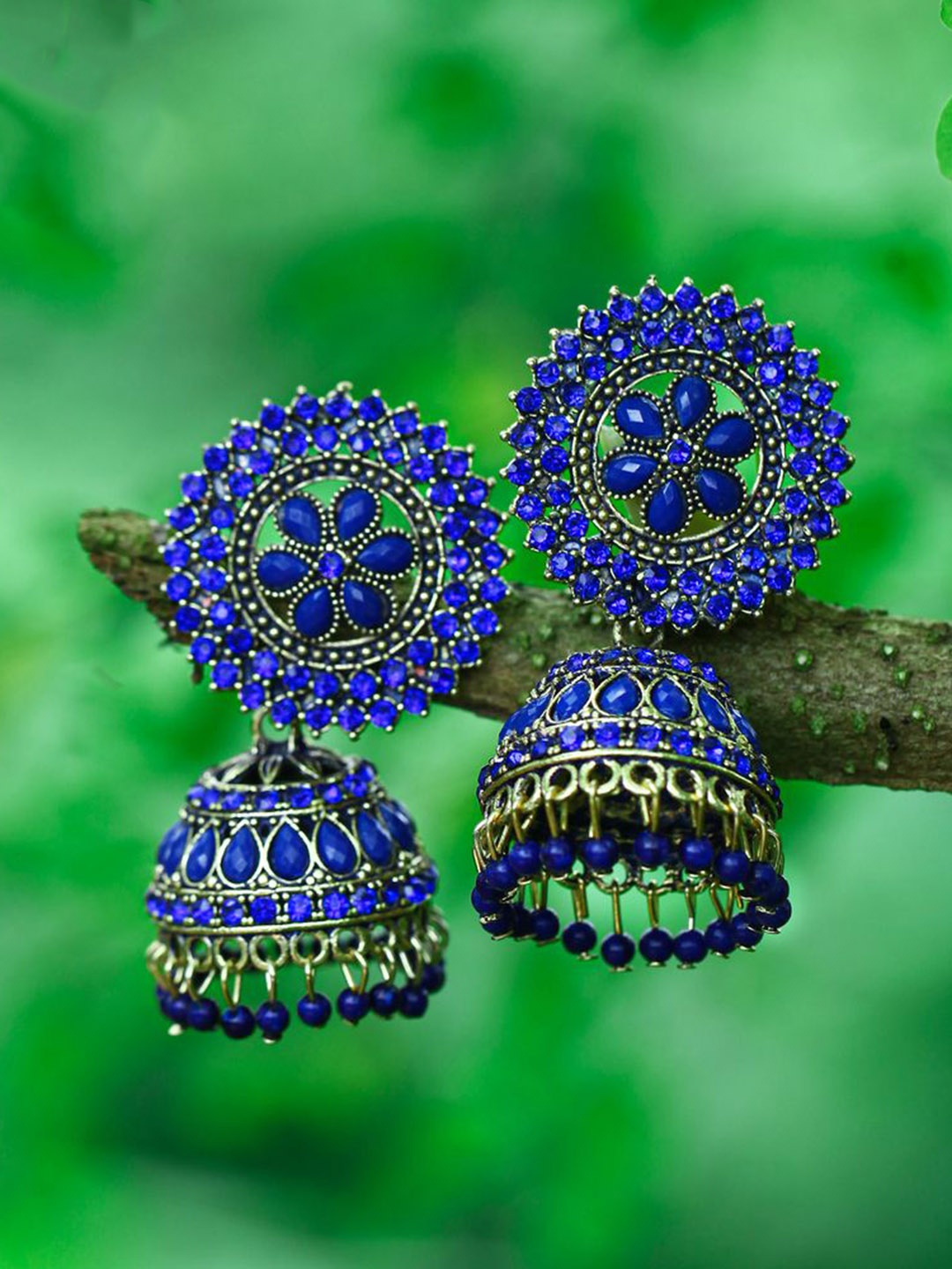 

DIVASTRI Gold-Plated Stone Studded & Beaded Dome Shaped Jhumkas, Blue