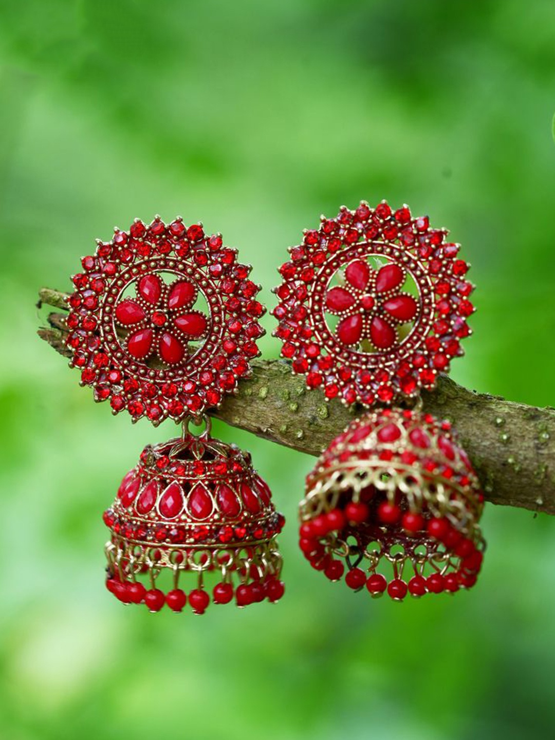 

DIVASTRI Gold-Plated Stone Studded & Beaded Dome Shaped Jhumkas, Red