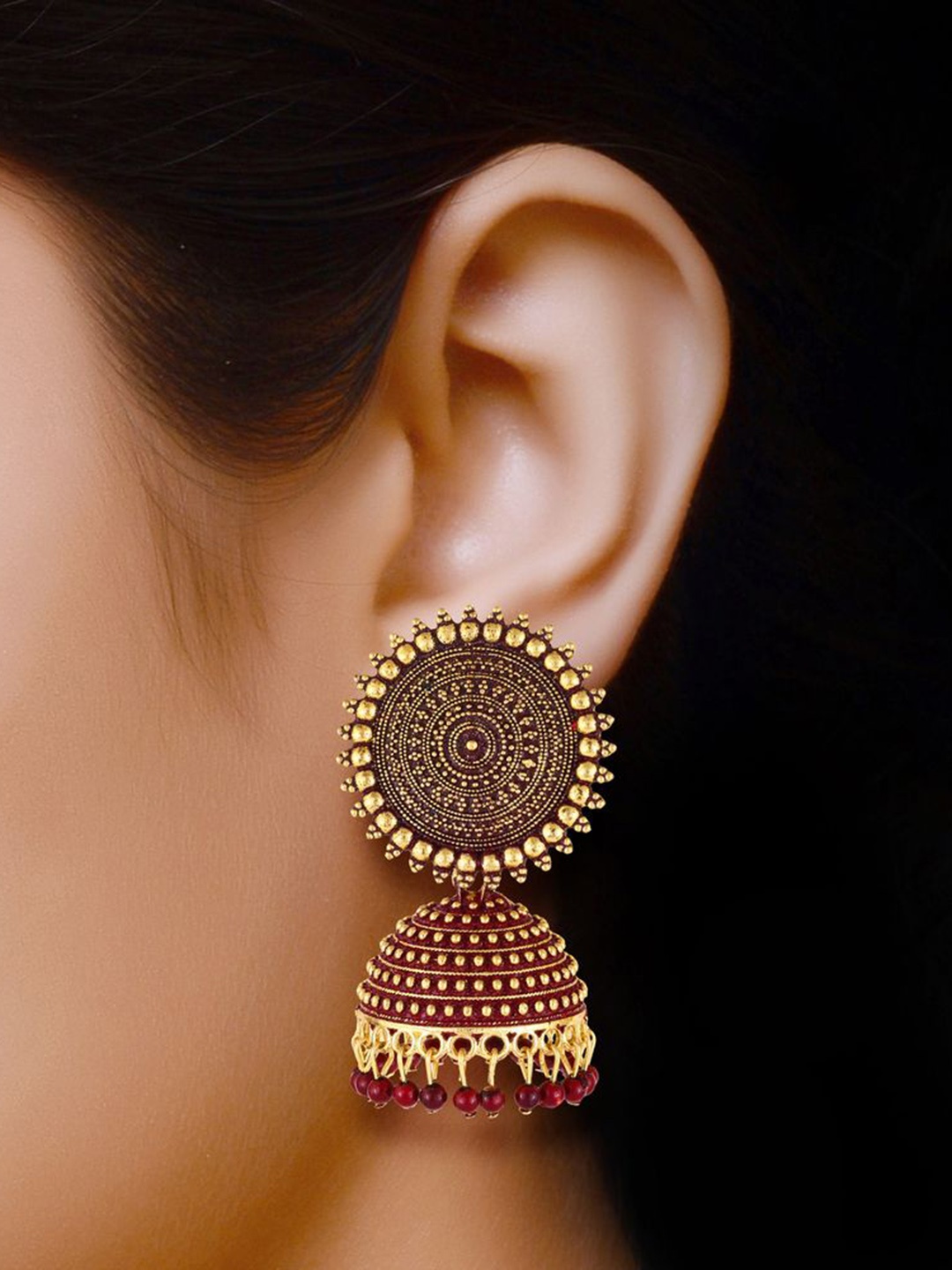 

DIVASTRI Gold Plated Artificial Stones and Beads Circular Jhumkas, Maroon