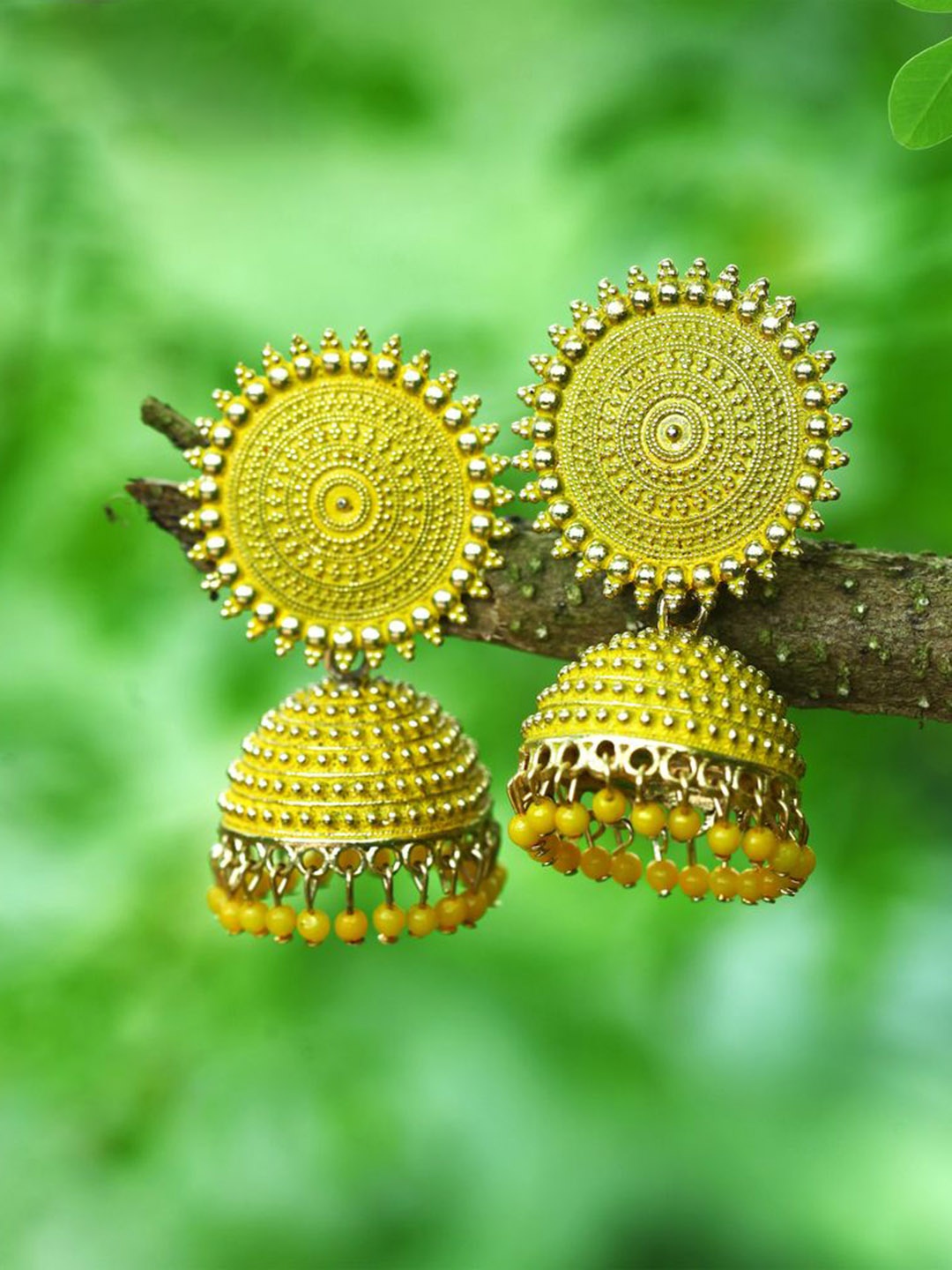 

DIVASTRI Gold Plated Artificial Stones and Beads Circular Jhumkas, Yellow