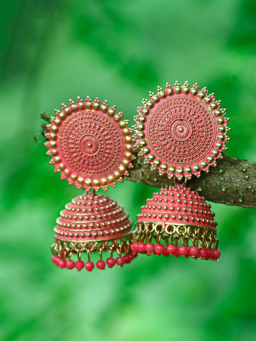 

DIVASTRI Gold-Plated Beaded Dome Shaped Jhumkas, Pink