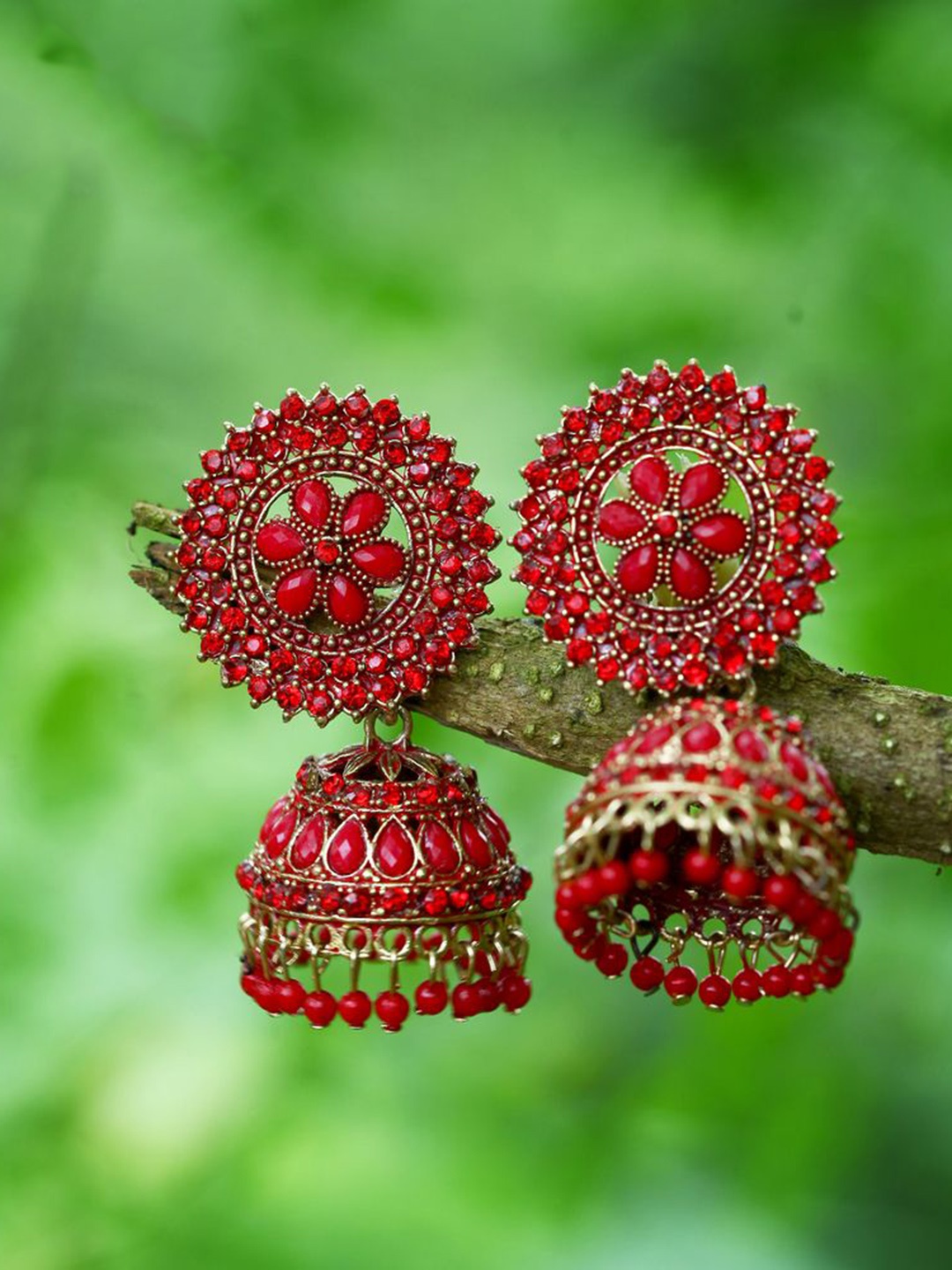 

DIVASTRI Gold-Plated Stone Studded & Beaded Dome Shaped Jhumkas, Red