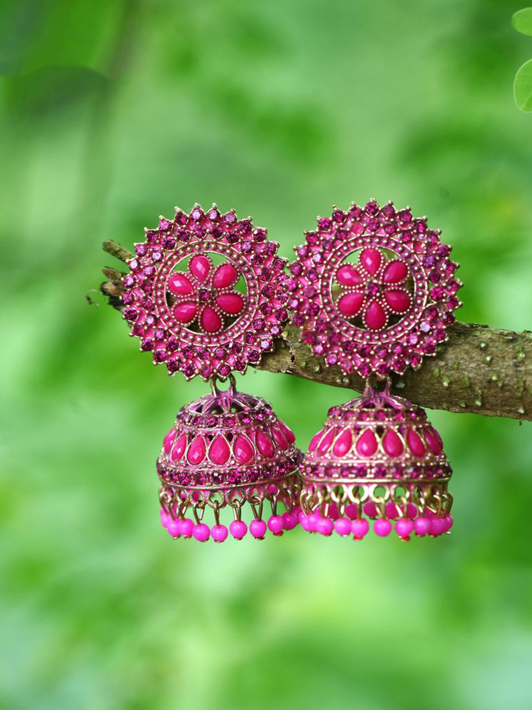 

DIVASTRI Gold-Plated Stone Studded & Beaded Dome Shaped Jhumkas, Pink