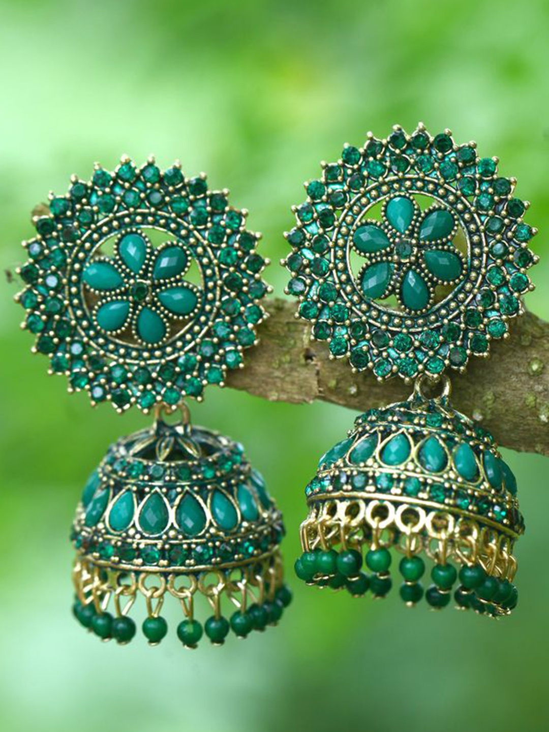 

DIVASTRI Gold-Plated Stone Studded & Beaded Dome Shaped Jhumkas, Green