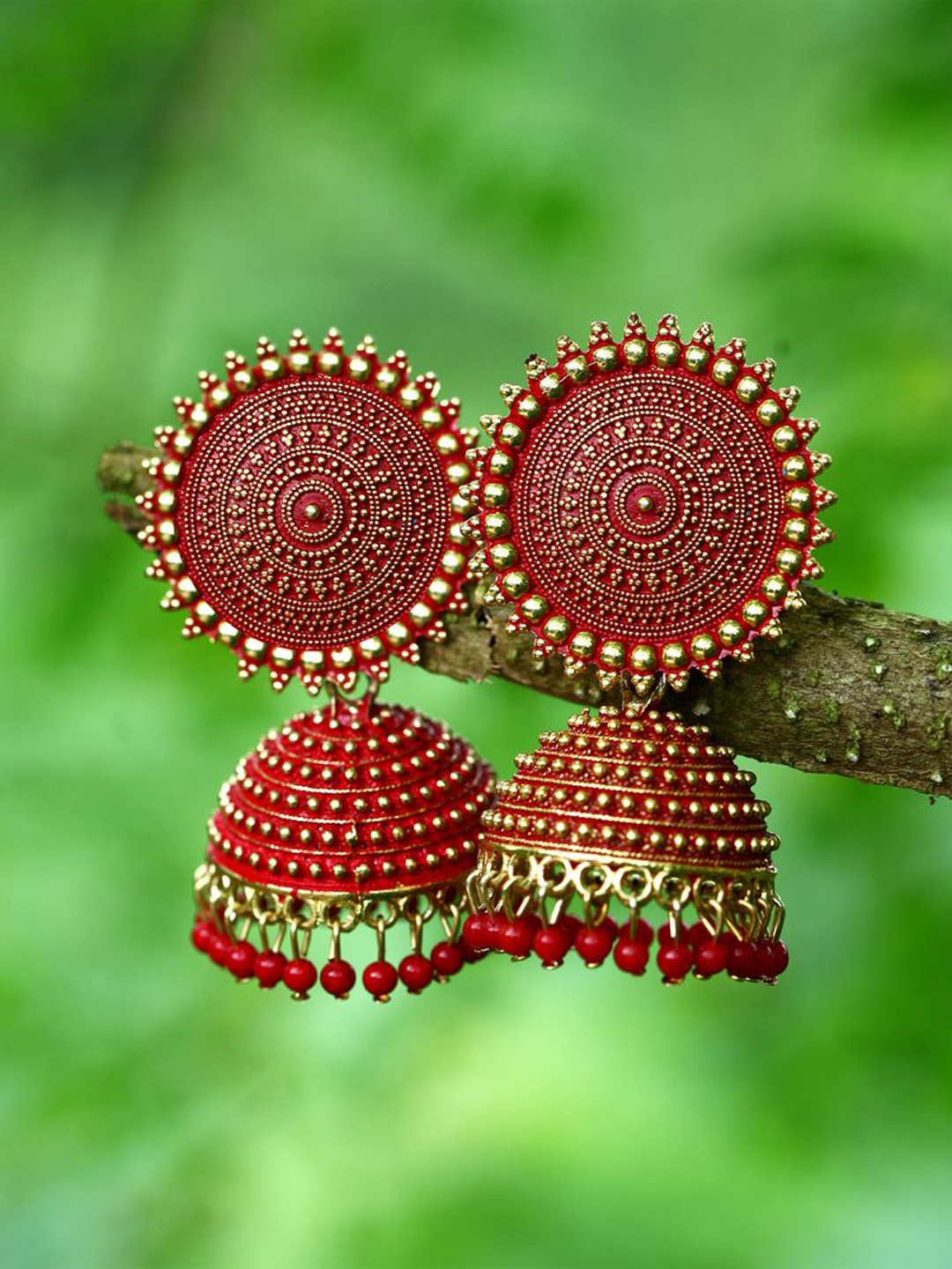 

DIVASTRI Gold Plated Artificial Stones and Beads Circular Jhumkas, Red