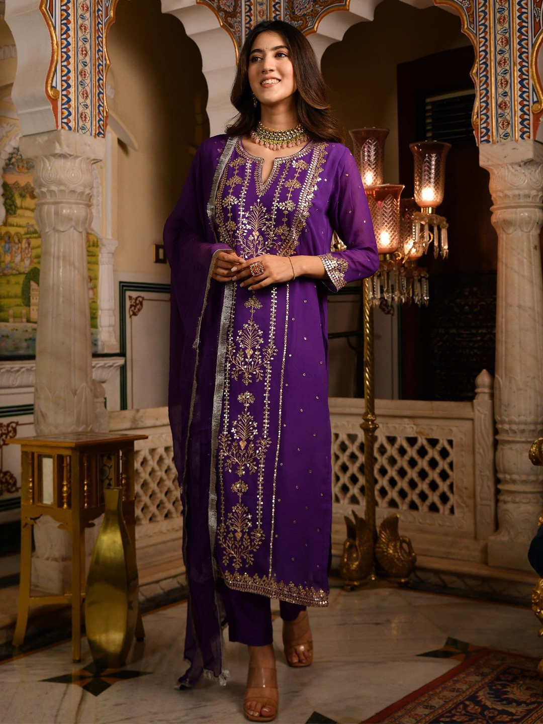 

DIMPLE DESIGN STUDIO Embroidered Georgette Zardozi Kurta with Pyjamas & Dupatta, Violet