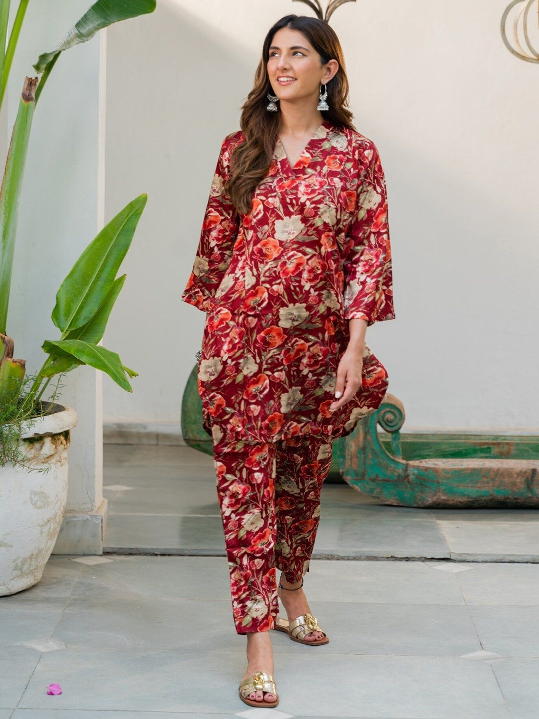 

DIMPLE DESIGN STUDIO Paisley Printed Pure Cotton Straight Kurta With Trousers, Maroon