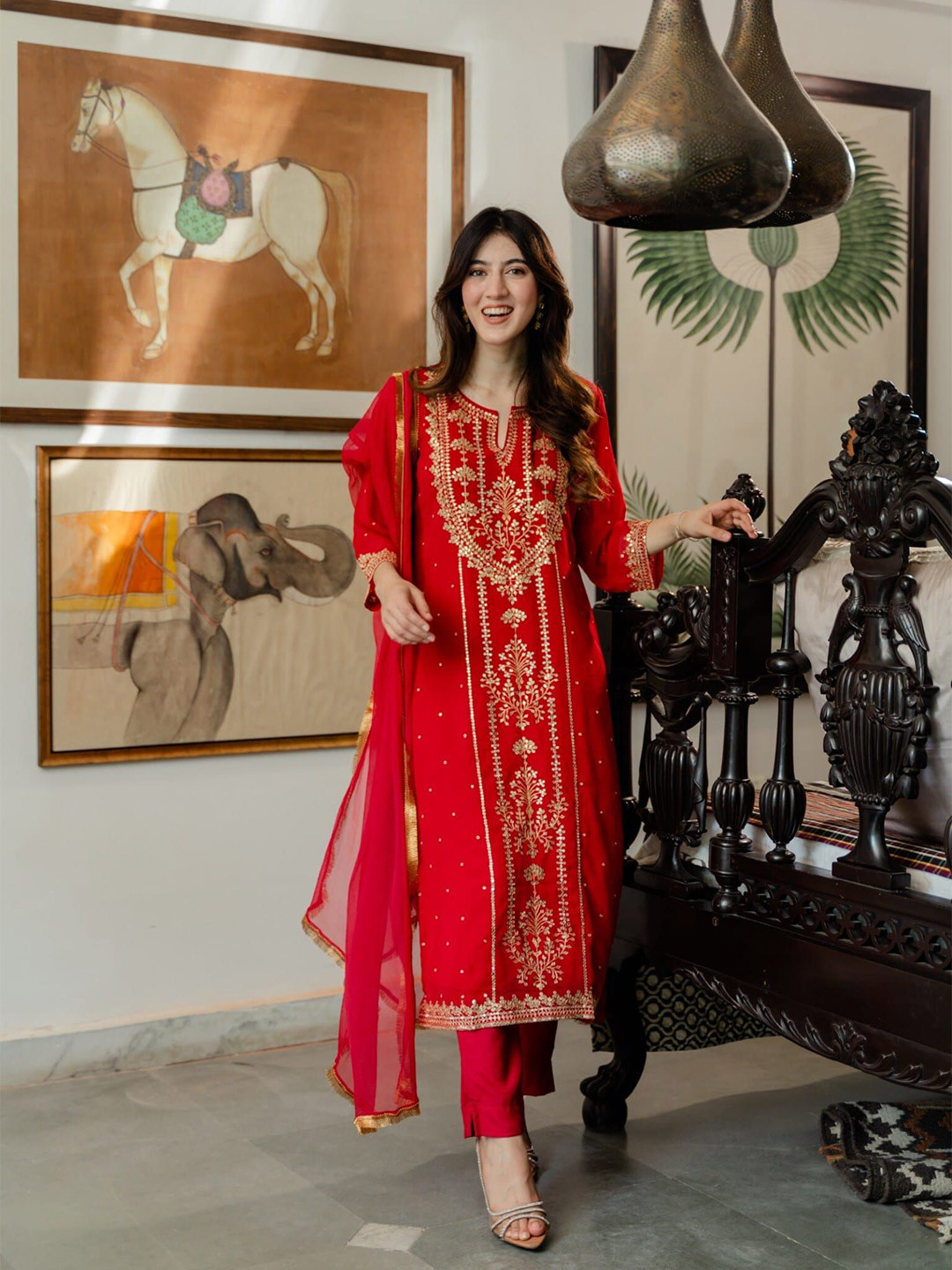 

DIMPLE DESIGN STUDIO Ethnic Motifs Embroidered Georgette Kurta with Trousers & Dupatta, Red