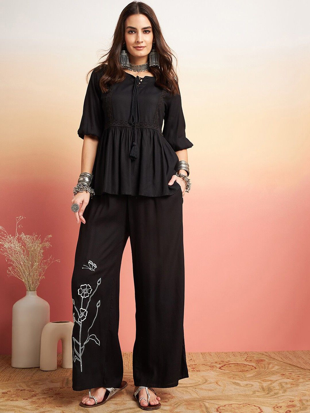 

FCV Floral Embroidered Tie Up Neck Tunic & Palazzos, Black