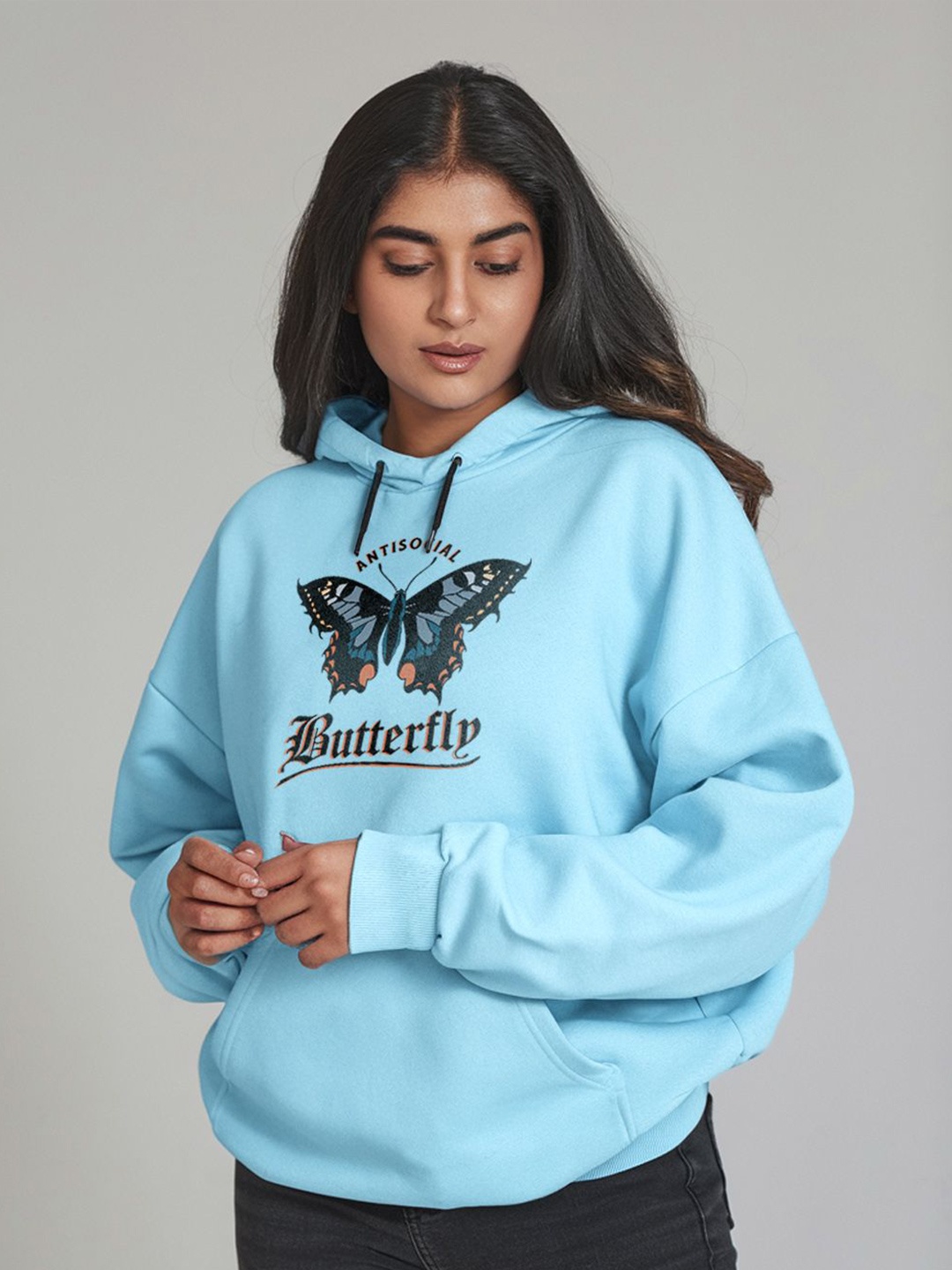 

FFLIRTYGO Women Printed Hooded Sweatshirt, Turquoise blue