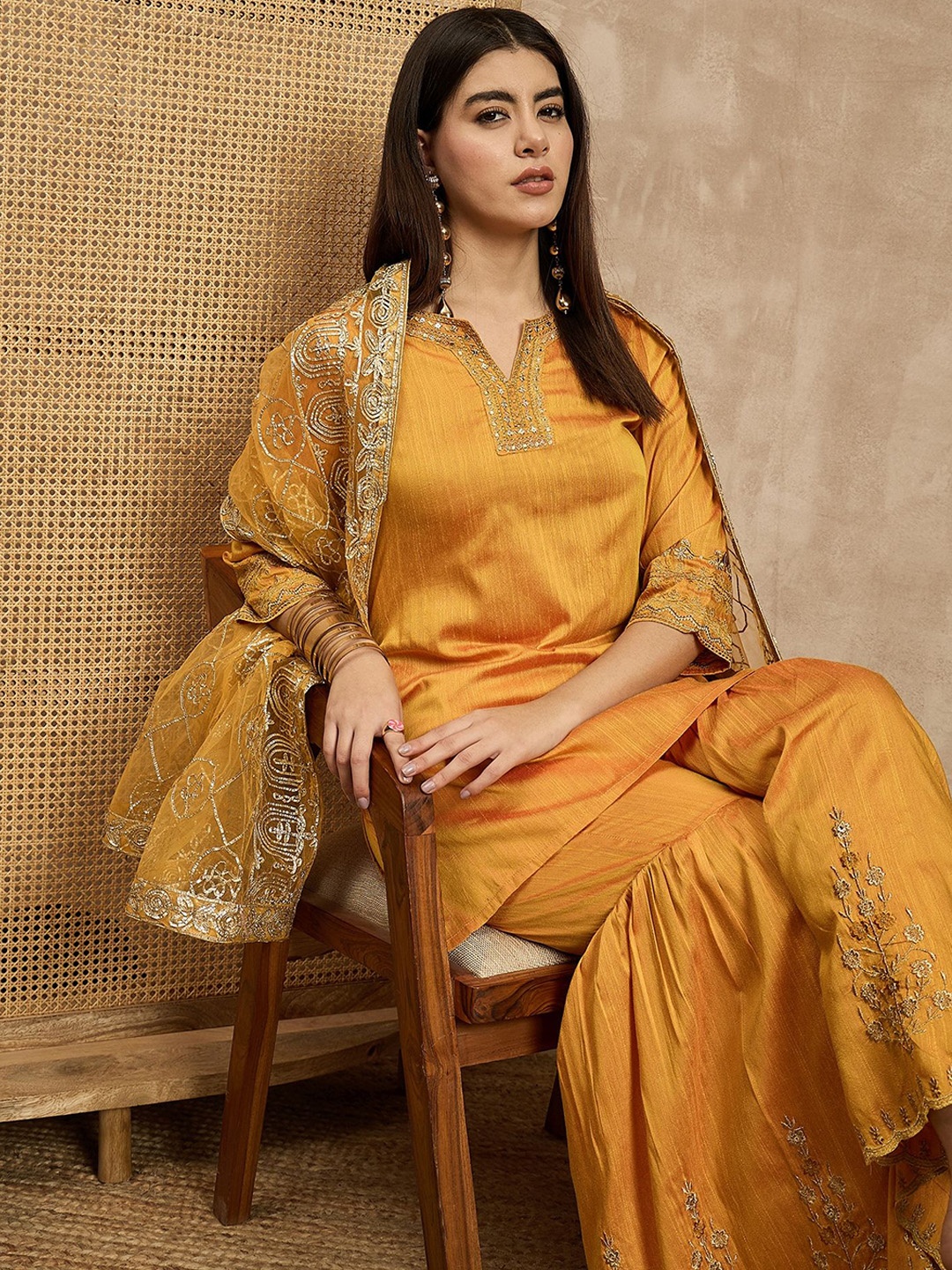 

House of Pataudi Women Yoke Design Kurta & Sharara With Dupatta, Yellow