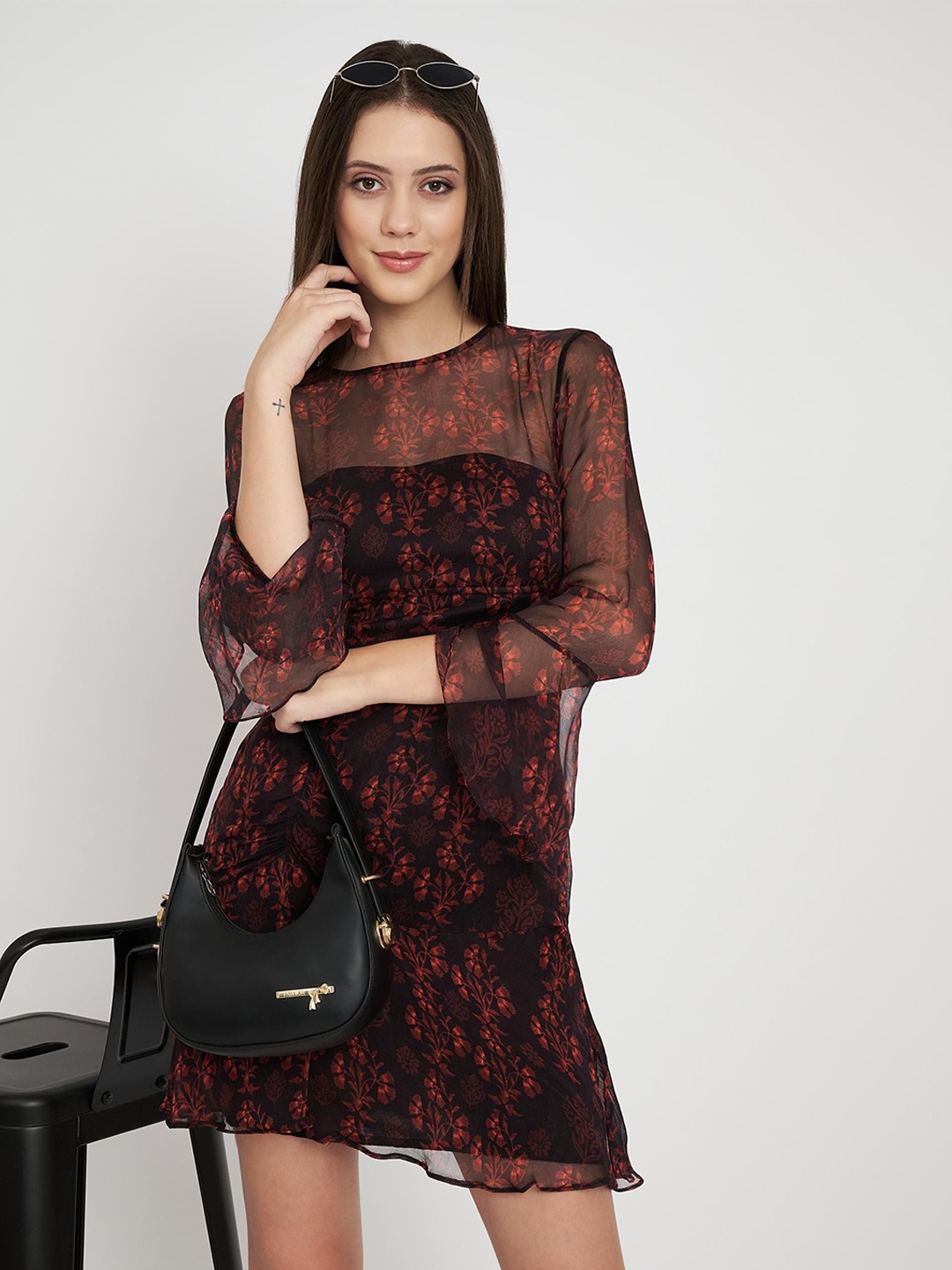 BERIAMO Floral Print Bell Sleeve A-Line Mini Dress, Black