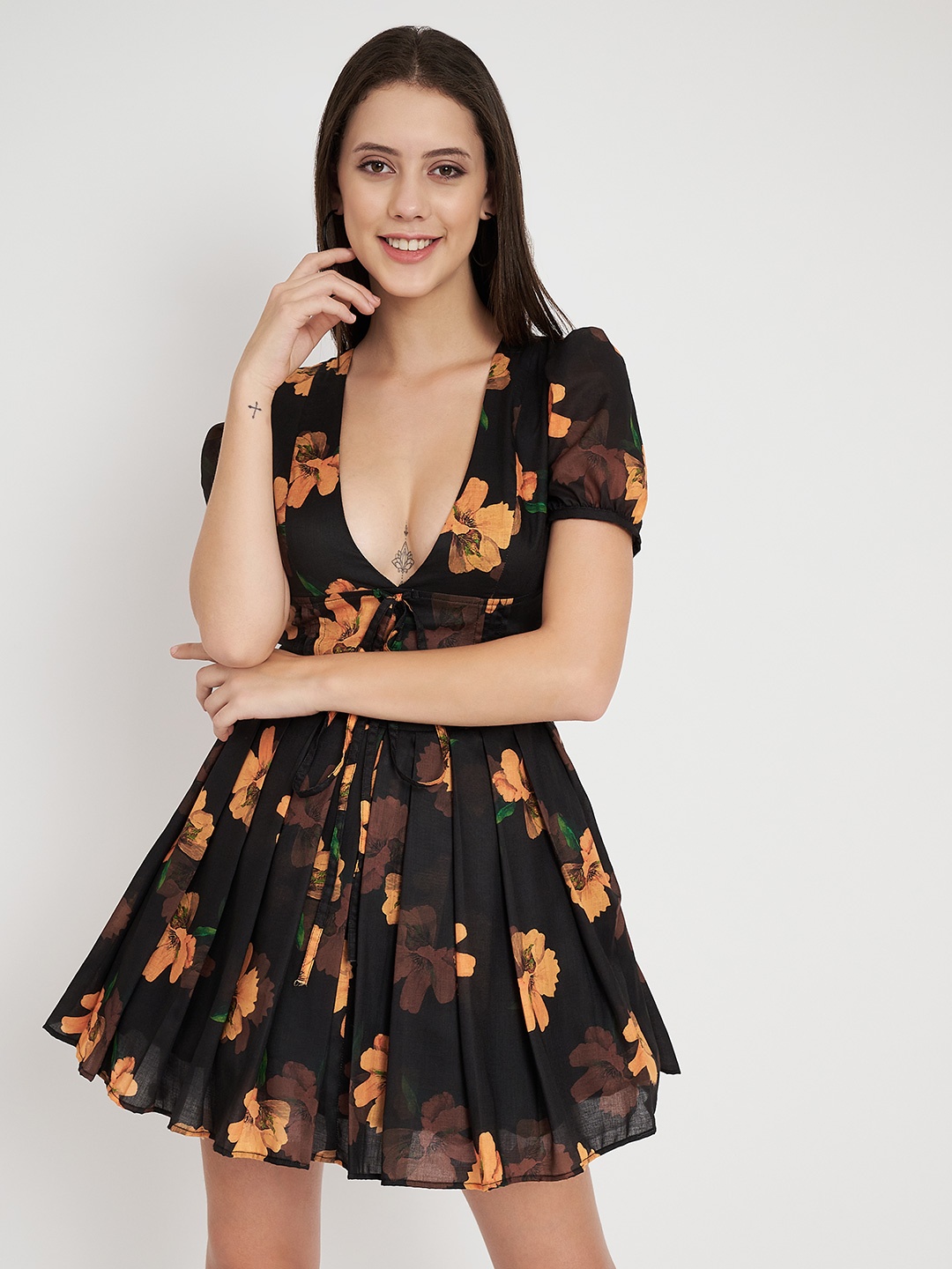 

BERIAMO Women Floral Printed V-Neck Fit & Flare Puff Sleeves Mini Dress, Black