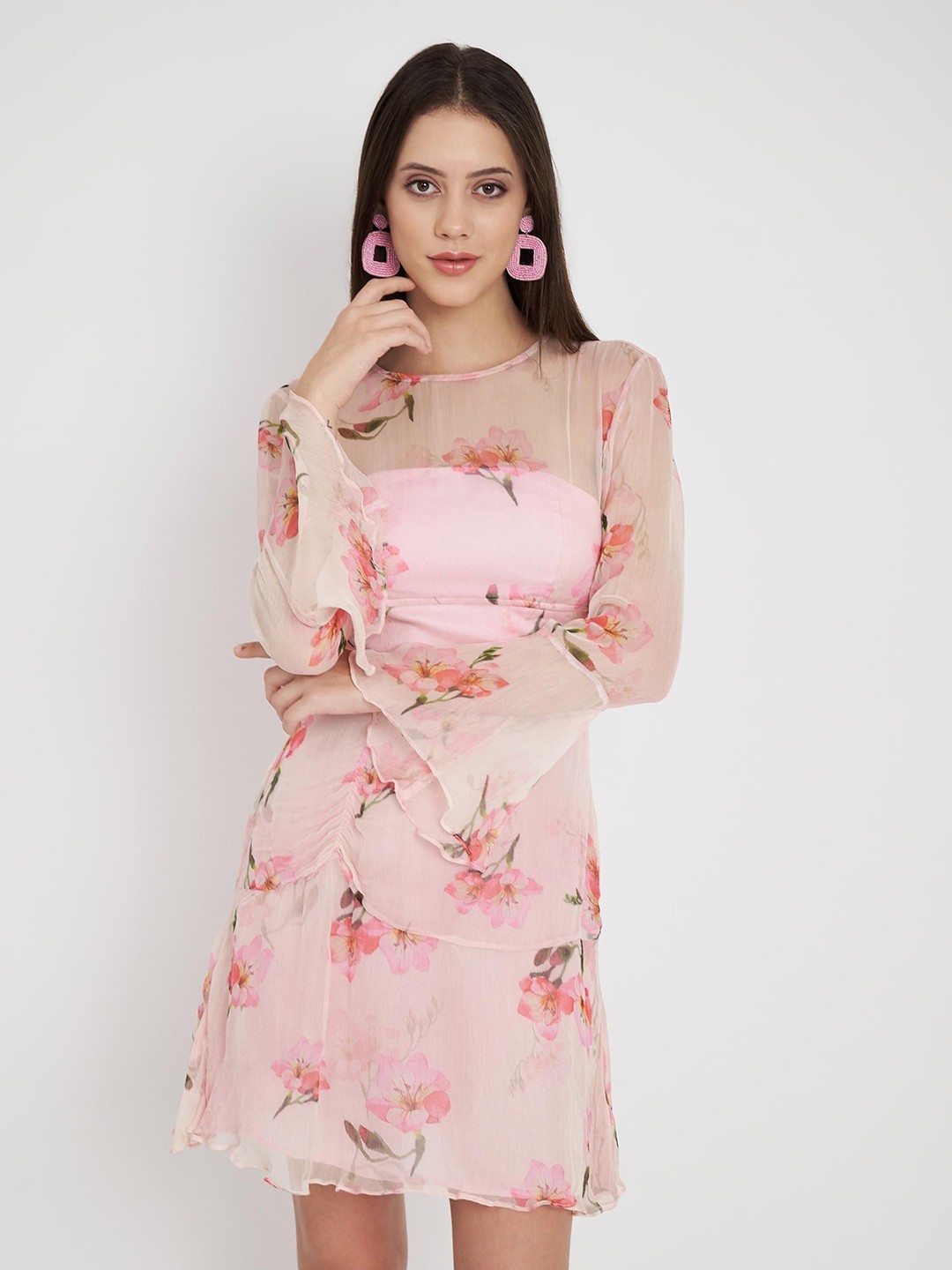 

BERIAMO Women Floral Printed Fit & Flare Above Knee Dress, Pink