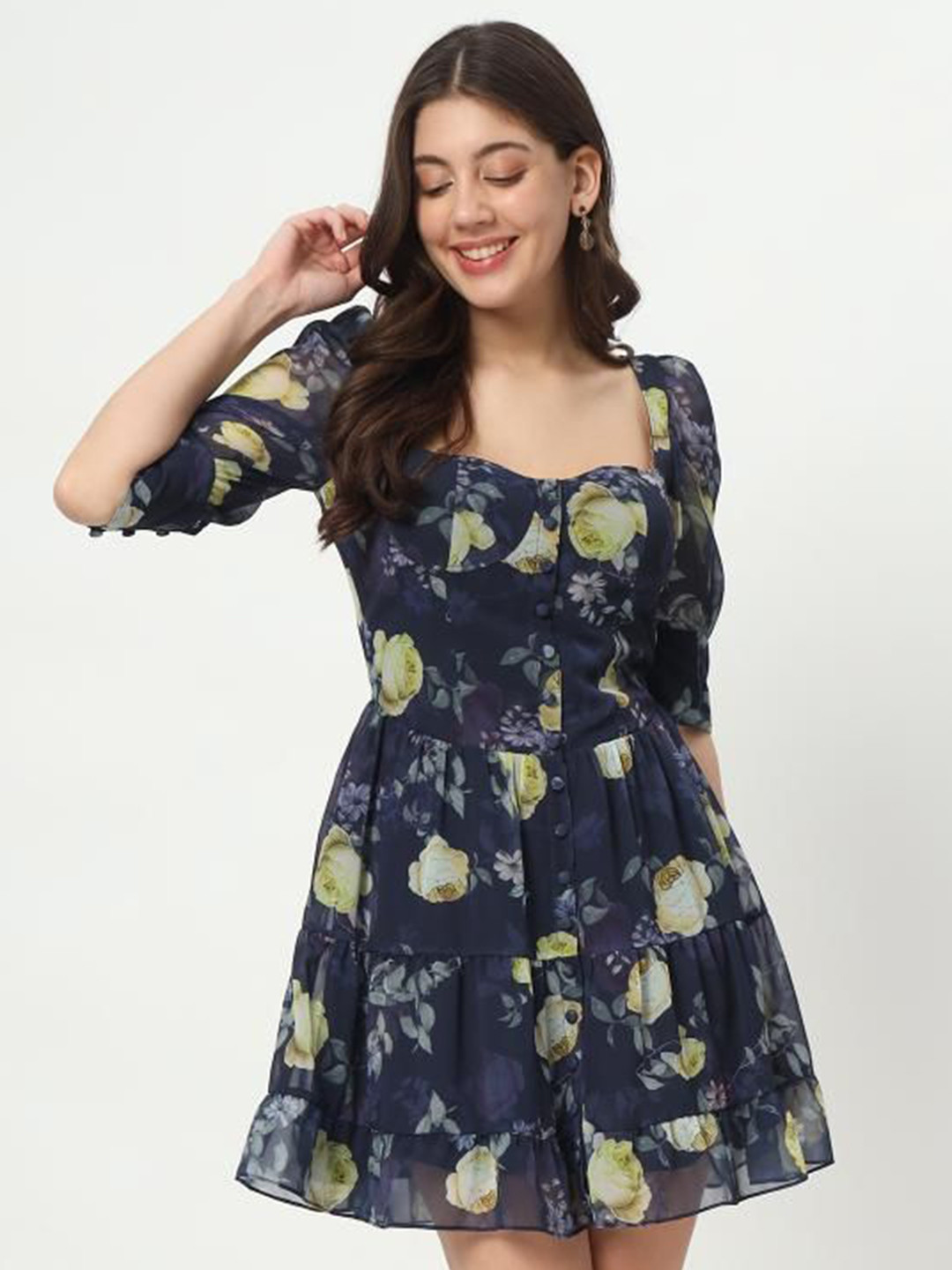 

BERIAMO Women Floral Printed Fit & Flare Dress, Navy blue