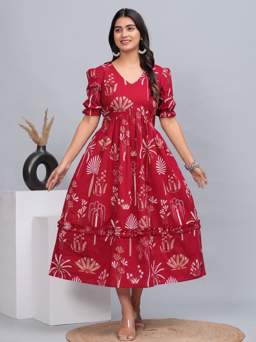 

DAMMODE Women Cotton Floral Printed Empire Maxi Dress, Red
