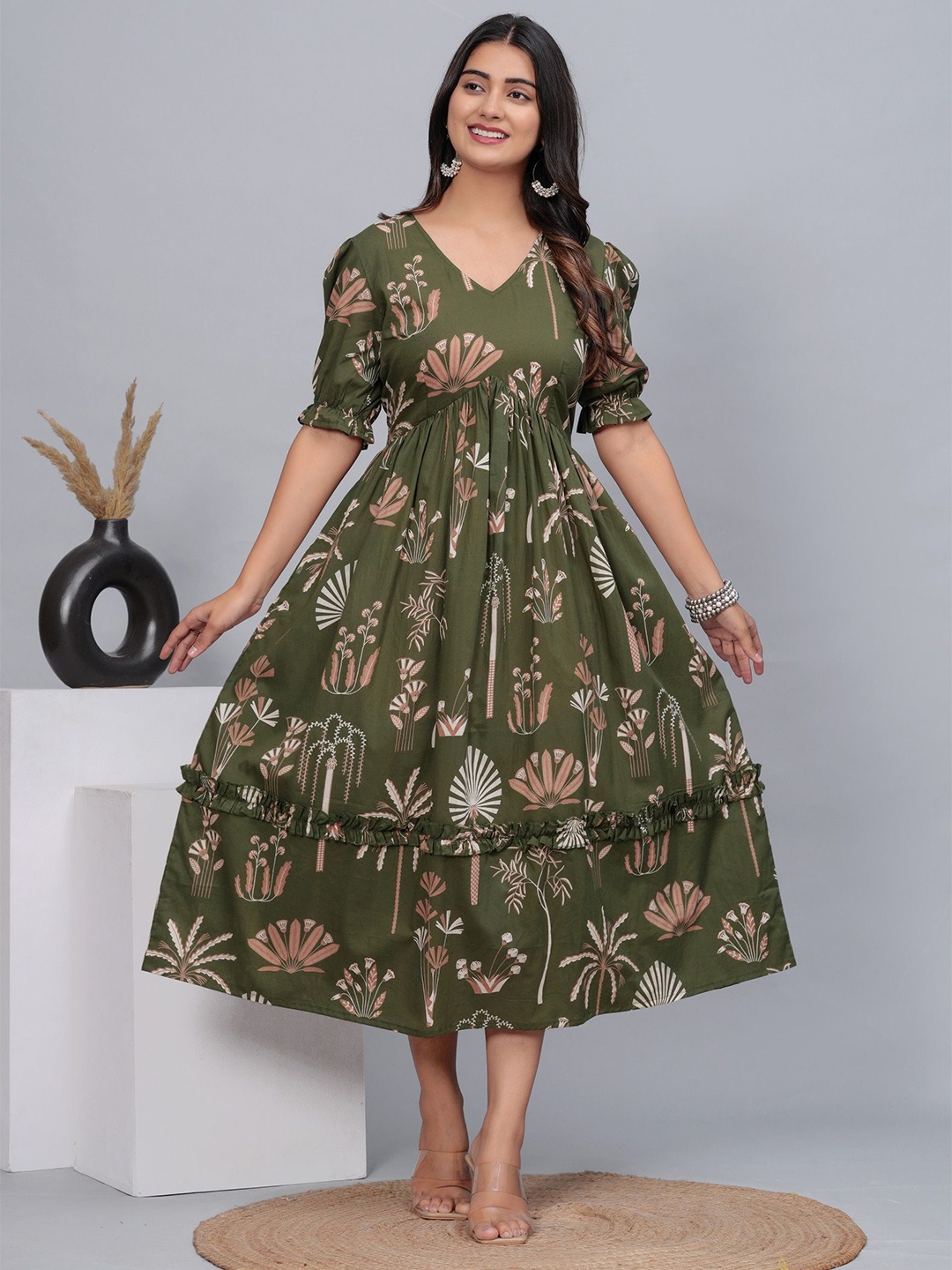 

DAMMODE Women Cotton Floral Printed Fit and Flare Dress, Olive