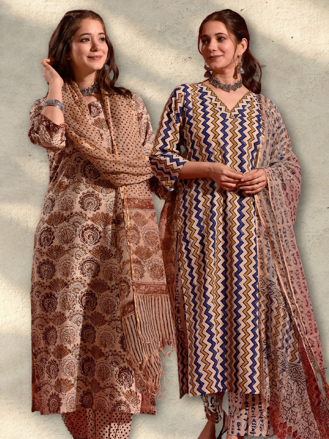 

DIMPLE DESIGN STUDIO Set Of 2 Printed Pure Cotton Kurtas & Trousers & Dupattas, Beige