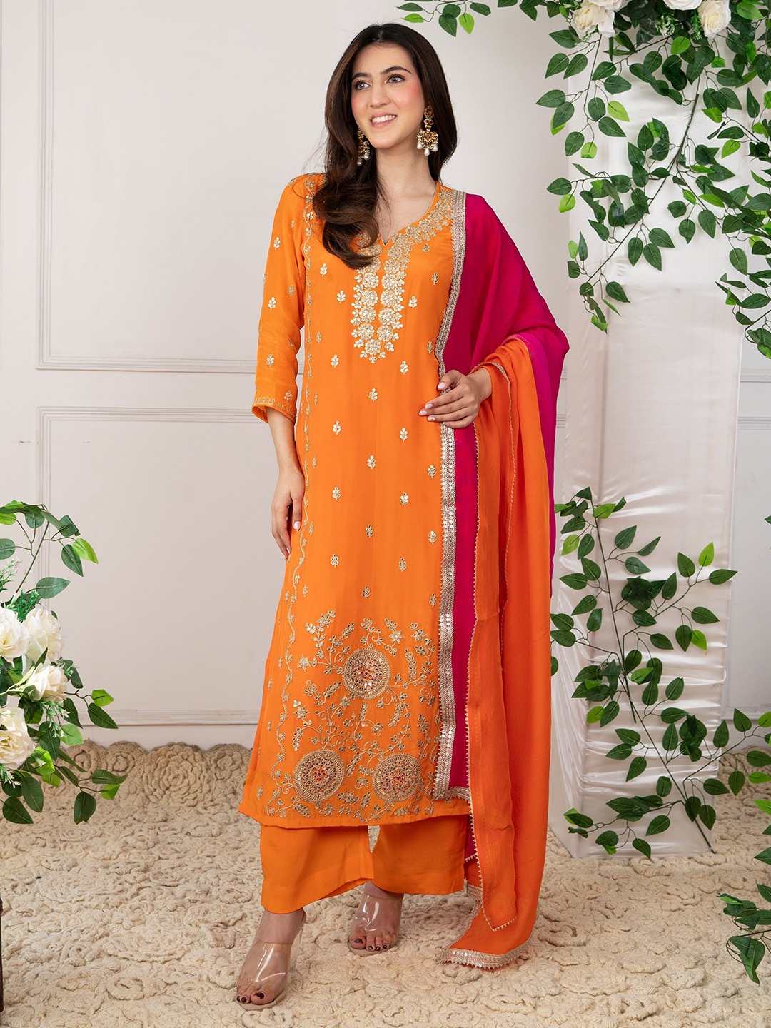 

DIMPLE DESIGN STUDIO Ethnic Motifs Embroidered Gotta Patti Kurta & Trousers & Dupatta, Orange