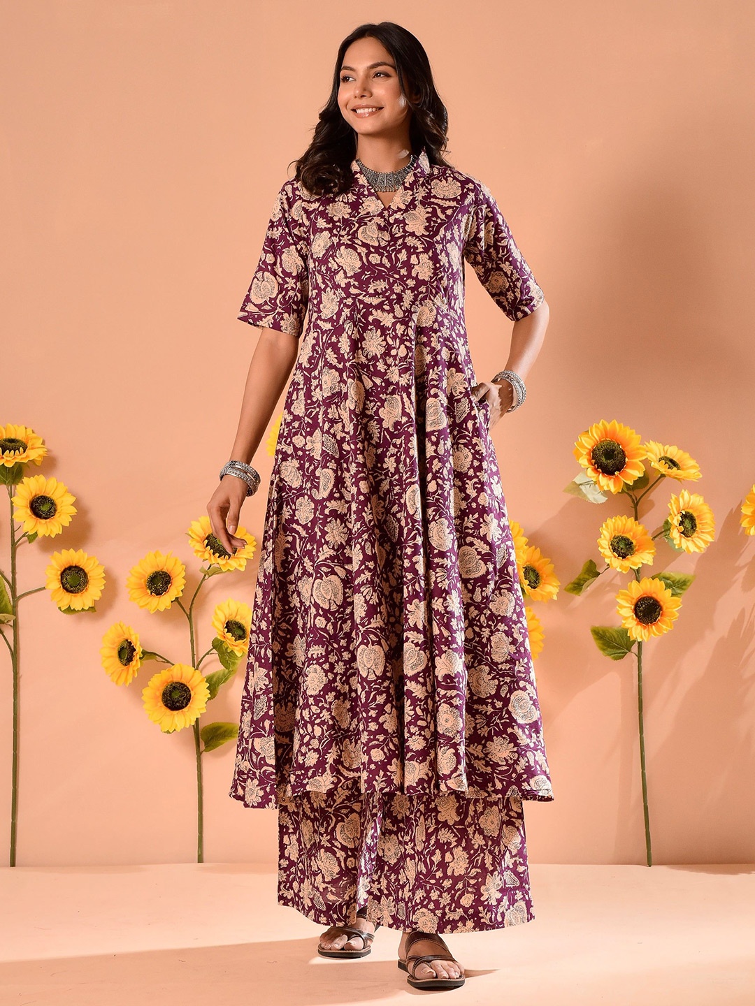 

DIMPLE DESIGN STUDIO Floral Printed Pure Cotton Anarkali Kurta With Palazzos, Purple