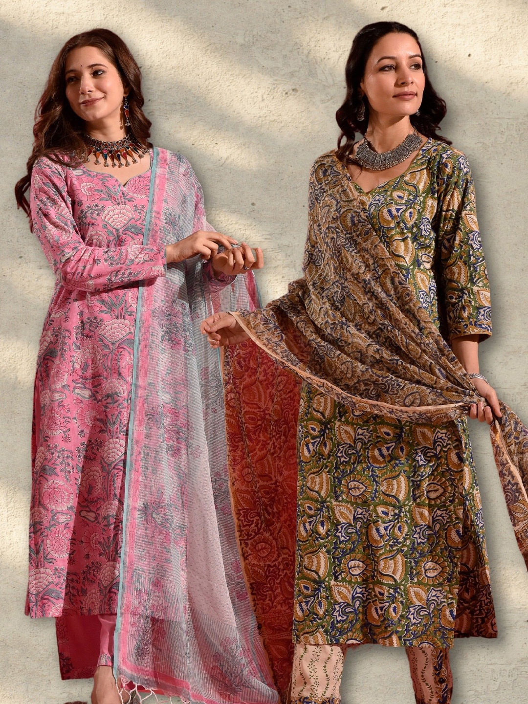

DIMPLE DESIGN STUDIO Selection Of 2 Floral Printed Pure Cotton Kurta Trousers & Dupatta, Pink