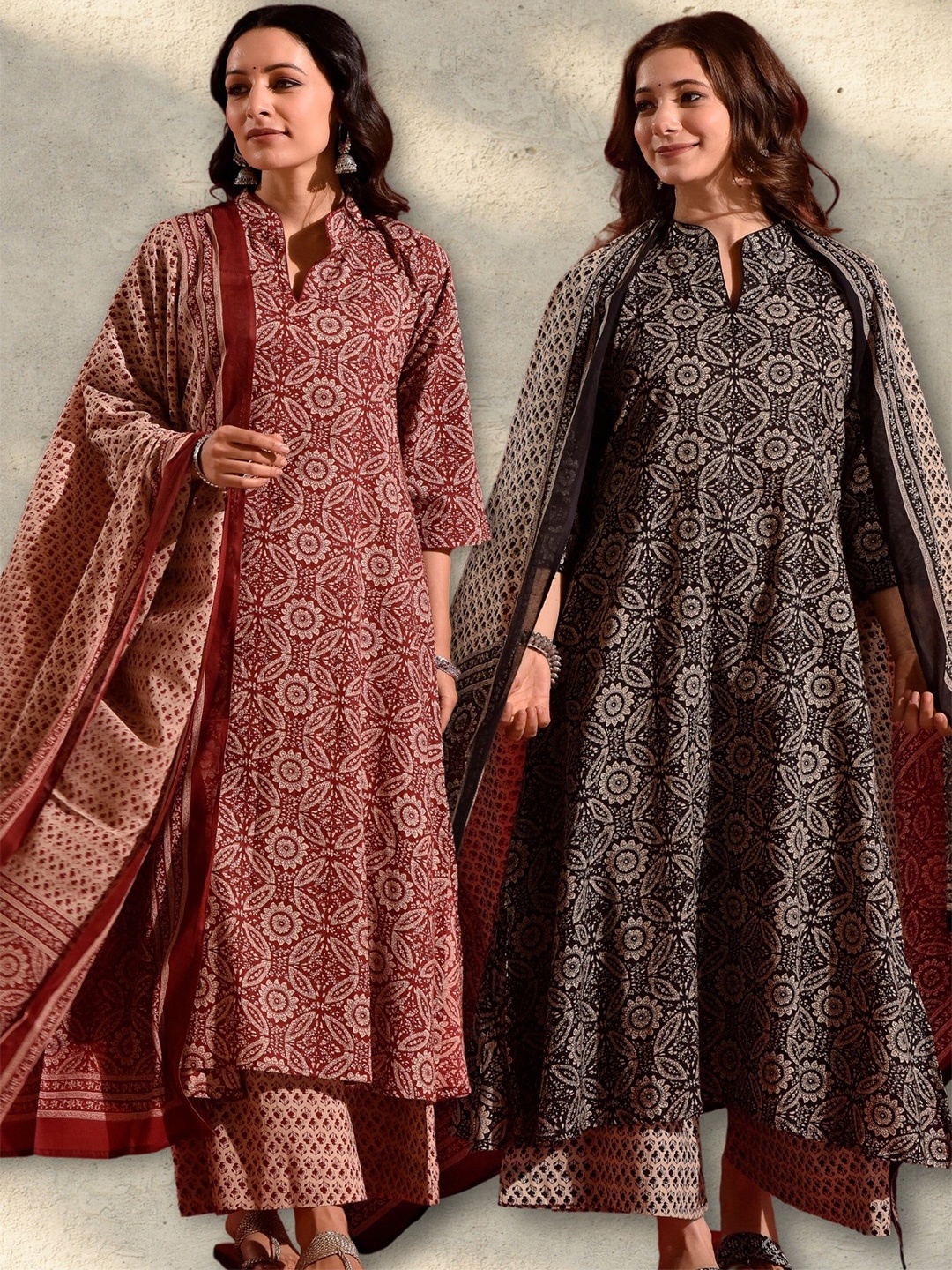 

DIMPLE DESIGN STUDIO Selection Of 2 Floral Printed Pure Cotton Kurta Trousers & Dupatta, Red