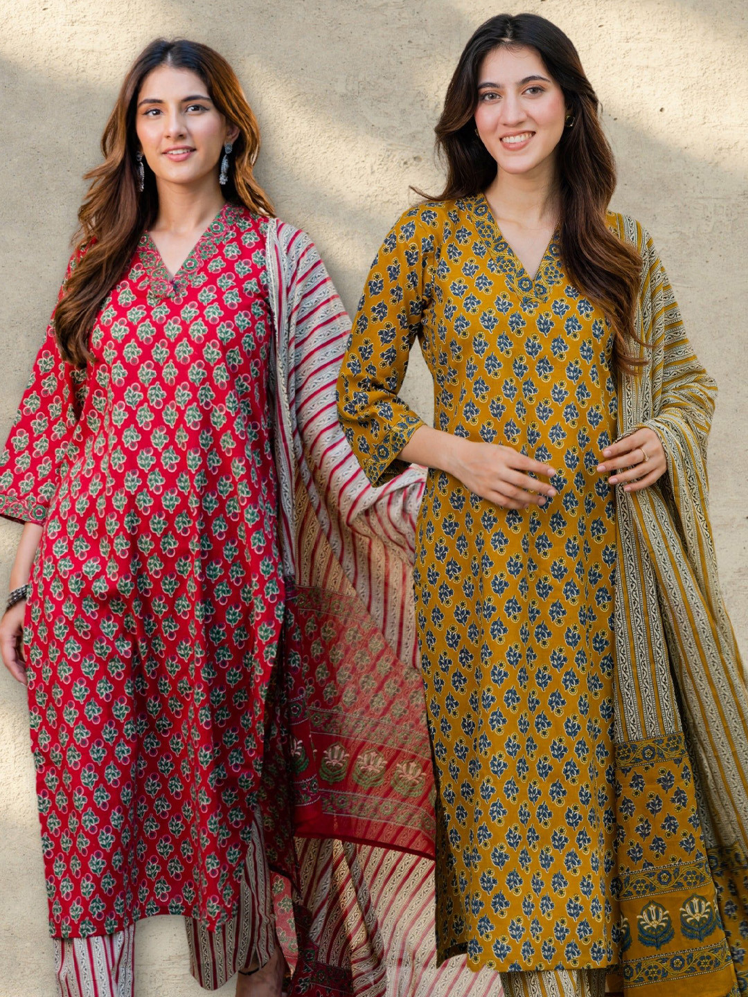 

DIMPLE DESIGN STUDIO Set Of 2 Floral Printed Pure Cotton Kurtas with Trousers & Dupattas, Maroon