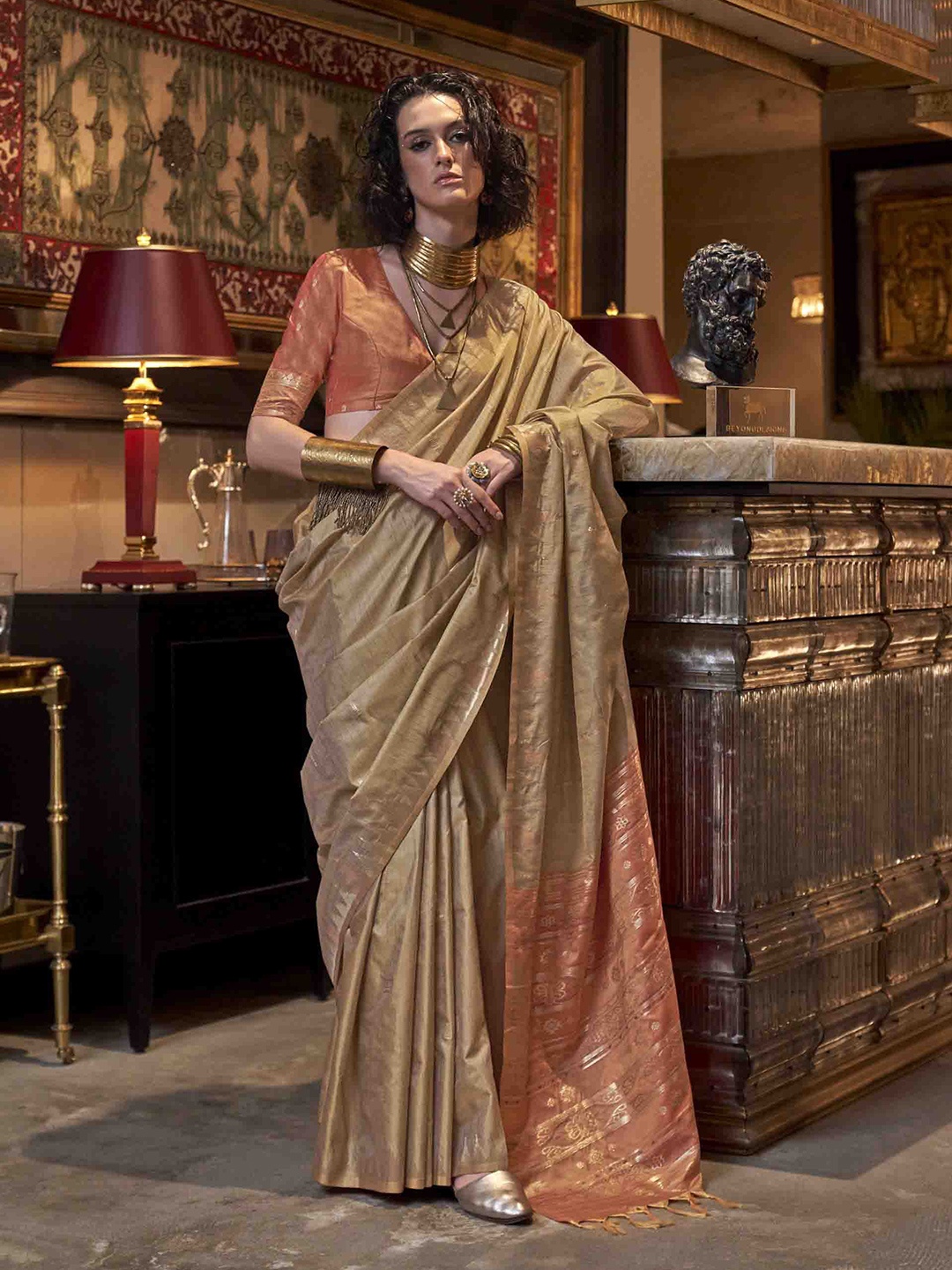

Mitera Woven Design Zari Silk Blend Tussar Saree, Beige