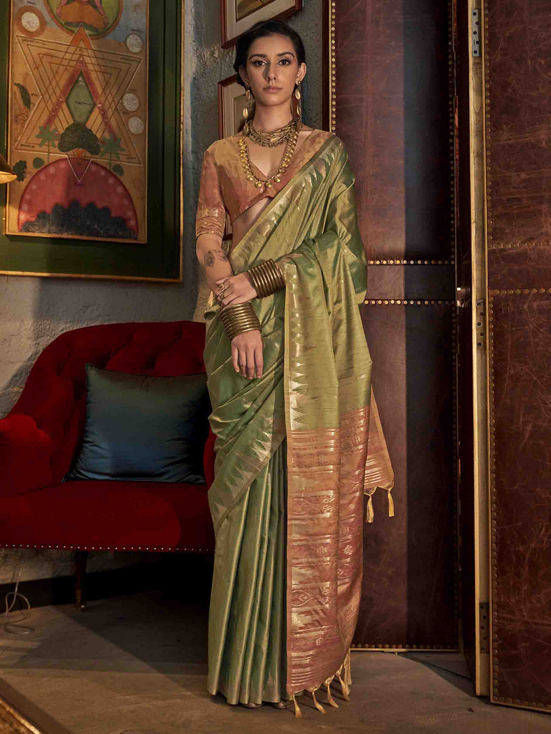 

Mitera Woven Design Tussar Saree, Green