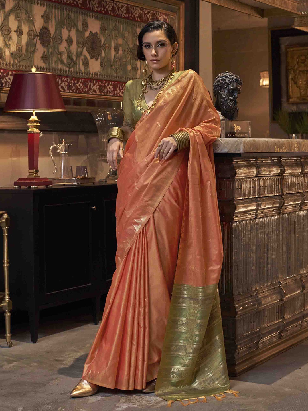 

Mitera Embellished Embroidered Zari Tussar Saree, Orange