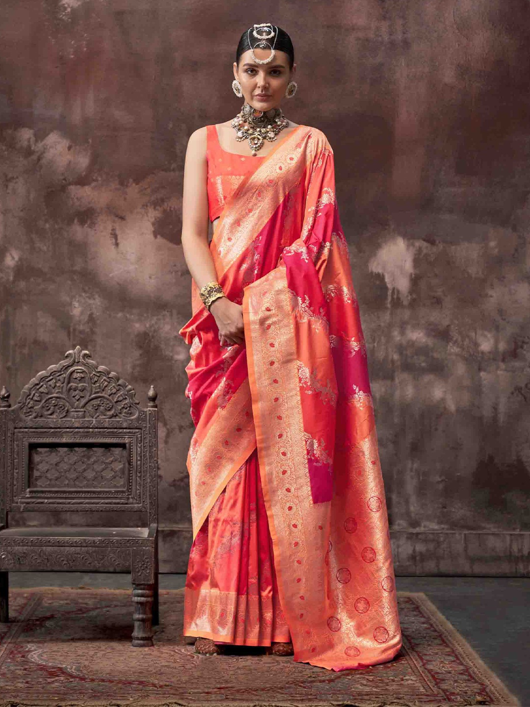 

Mitera Woven Design Ethnic Motifs Zari Saree, Orange