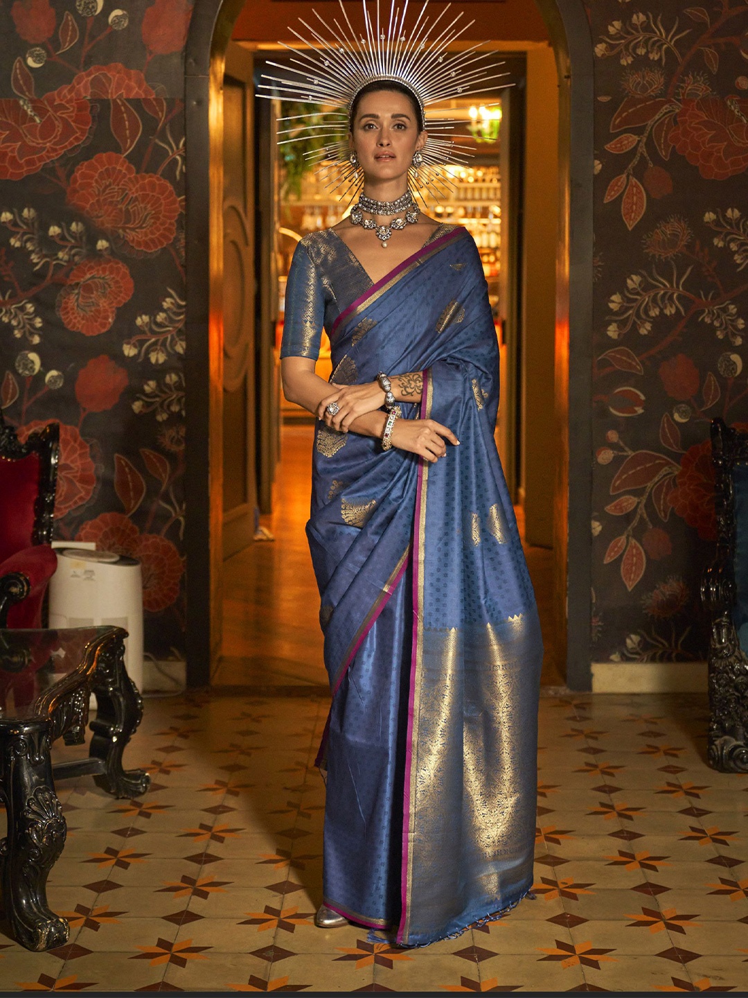 

Mitera Woven Design Ethnic Motifs Zari Saree, Navy blue