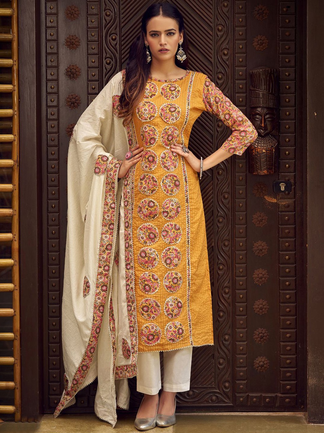 

Stylee LIFESTYLE Floral Printed Gotta Patti Pure Cotton Unstitched Dress Material, Mustard