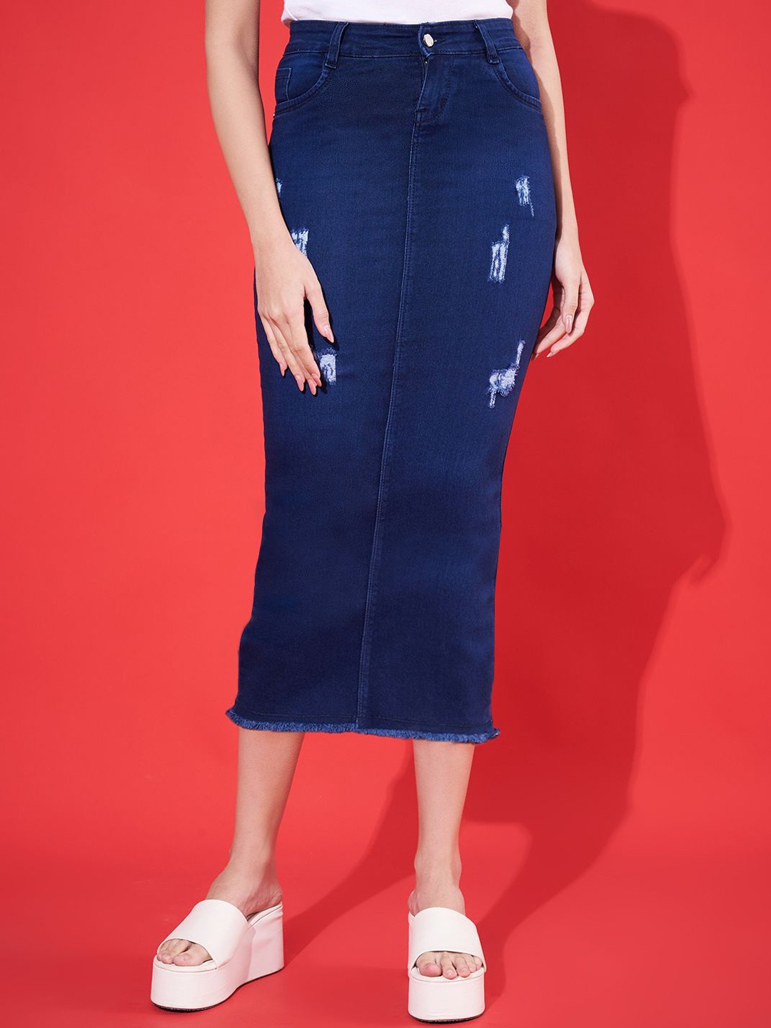 

Purple Feather Women Washed Distressed Stretchable Pencil Midi Slit Skirt, Blue