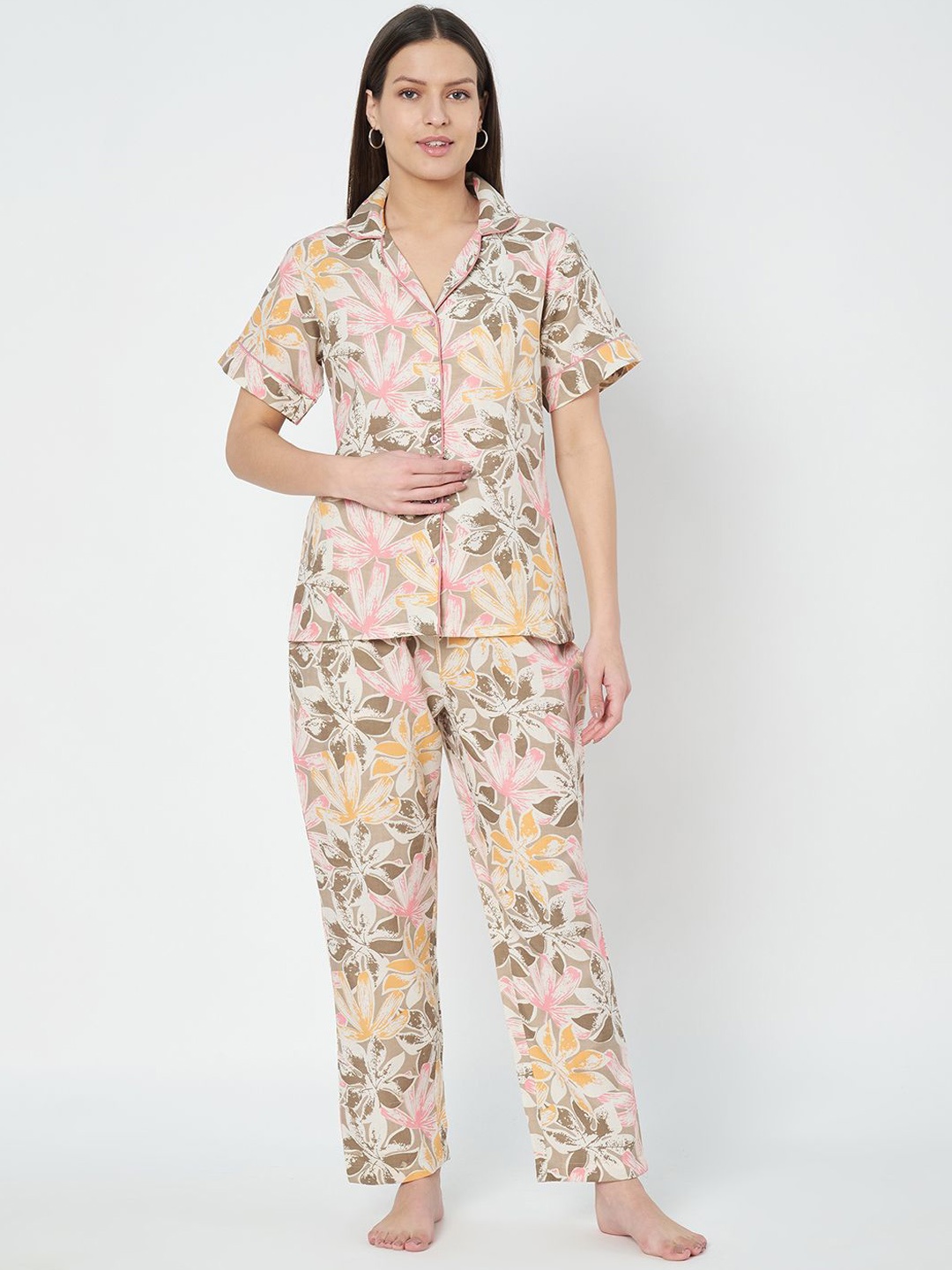 

Fbella Women Printed Lapel Collar Night Suit, Cream