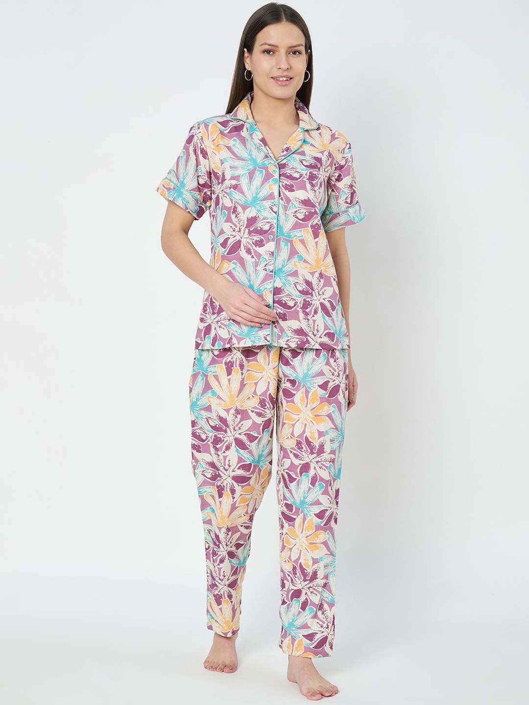 

Fbella Women Floral Printed Night suit, Purple