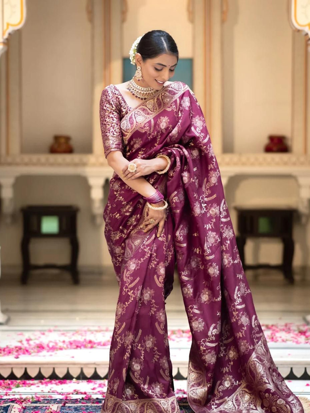 

KALINI Ethnic Motifs Zari Banarasi Saree, Purple