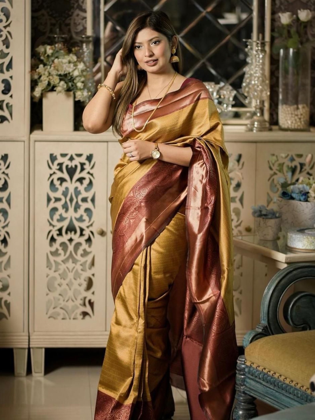 

KALINI Woven Design Zari Silk Blend Banarasi Saree, Mustard