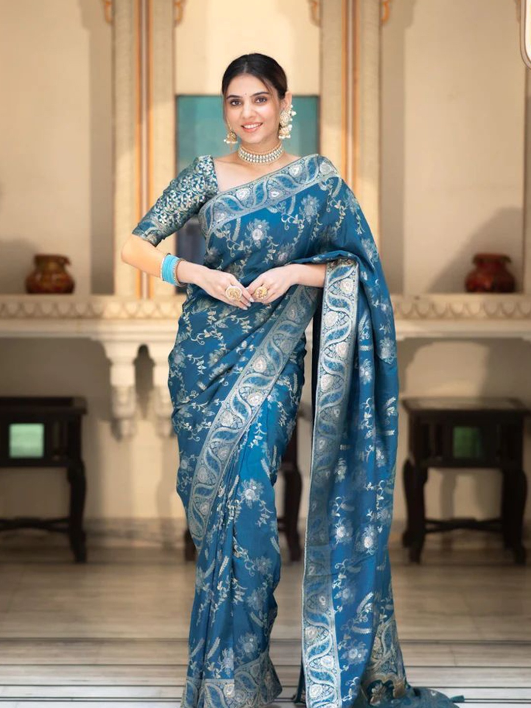 

KALINI Ethnic Motifs Woven Design Zari Banarasi Saree, Teal