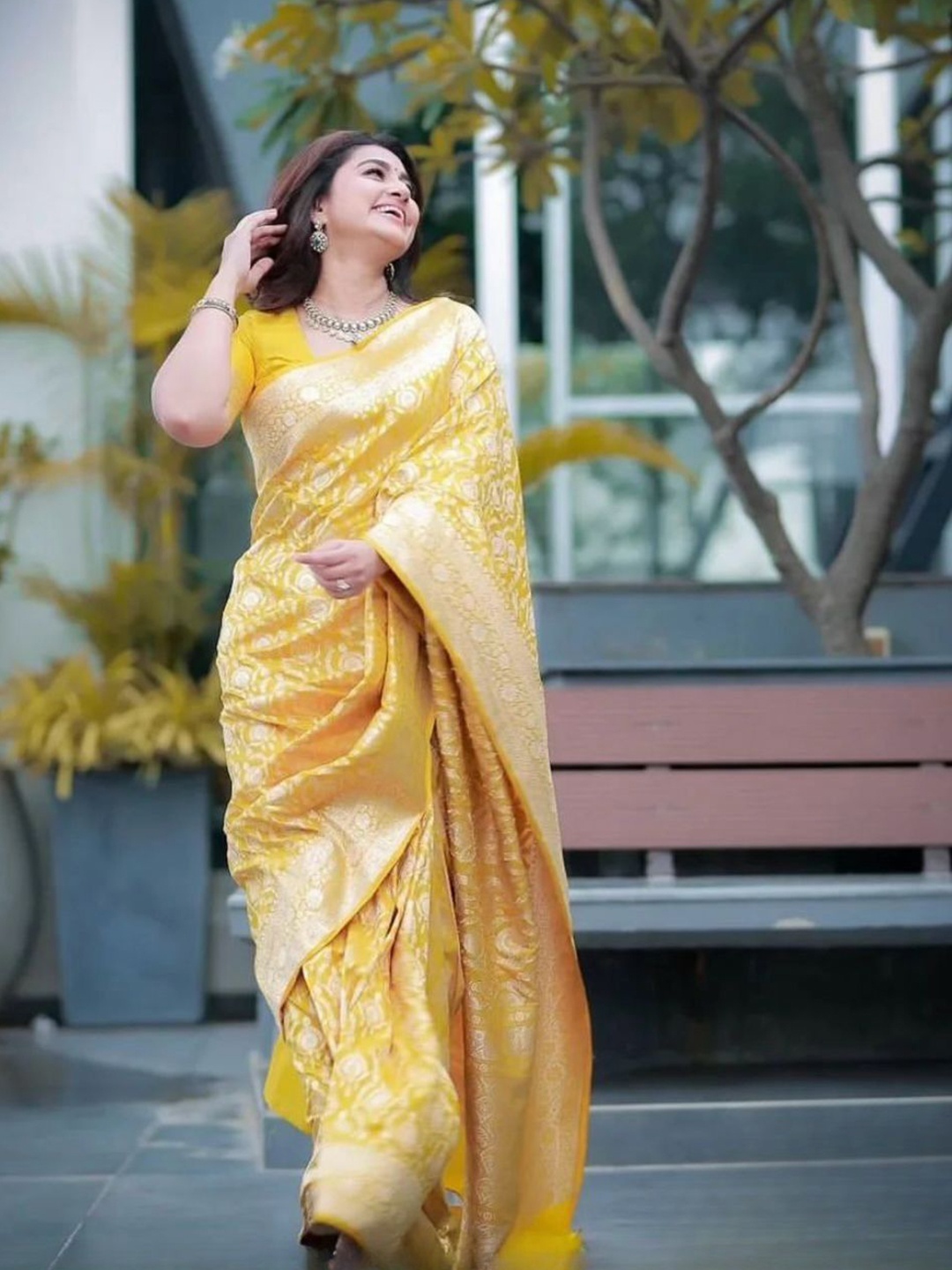 

KALINI Ethnic Motifs Woven Design Zari Banarasi Saree, Mustard