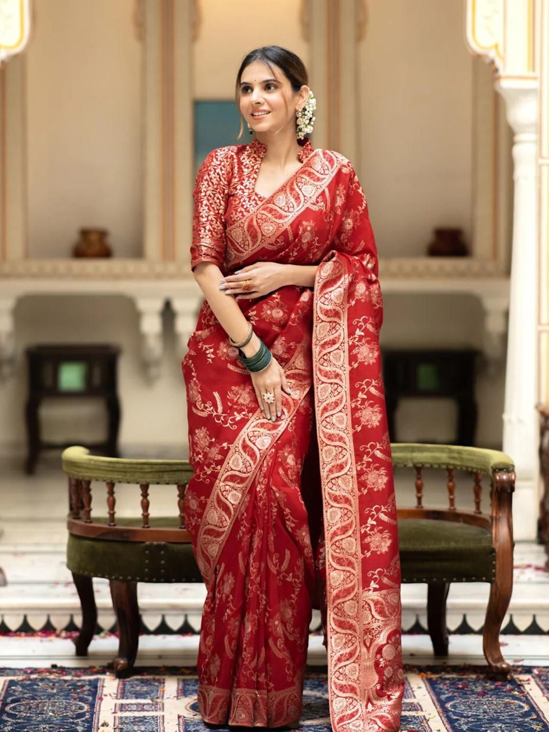 

KALINI Ethnic Motifs Zari Banarasi Saree, Red