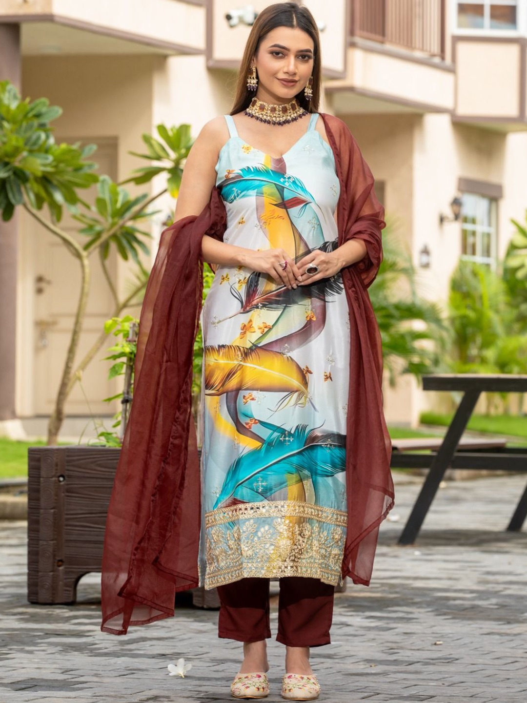 

KALINI Floral Embroidered Sequinned Kurta with Palazzo & Dupatta, Brown
