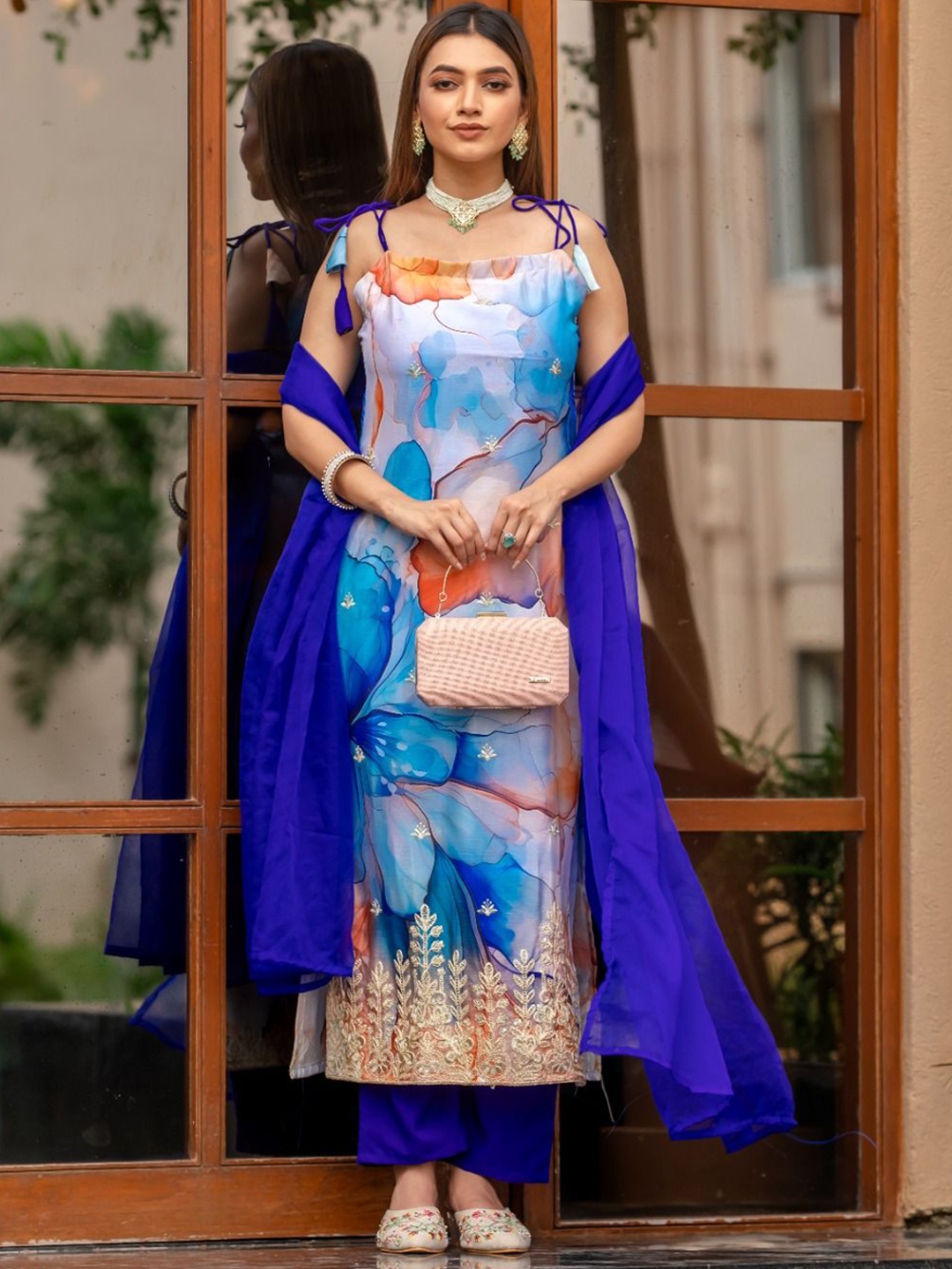 

KALINI Floral Embroidered Kurta with Palazzo & Dupatta, Blue