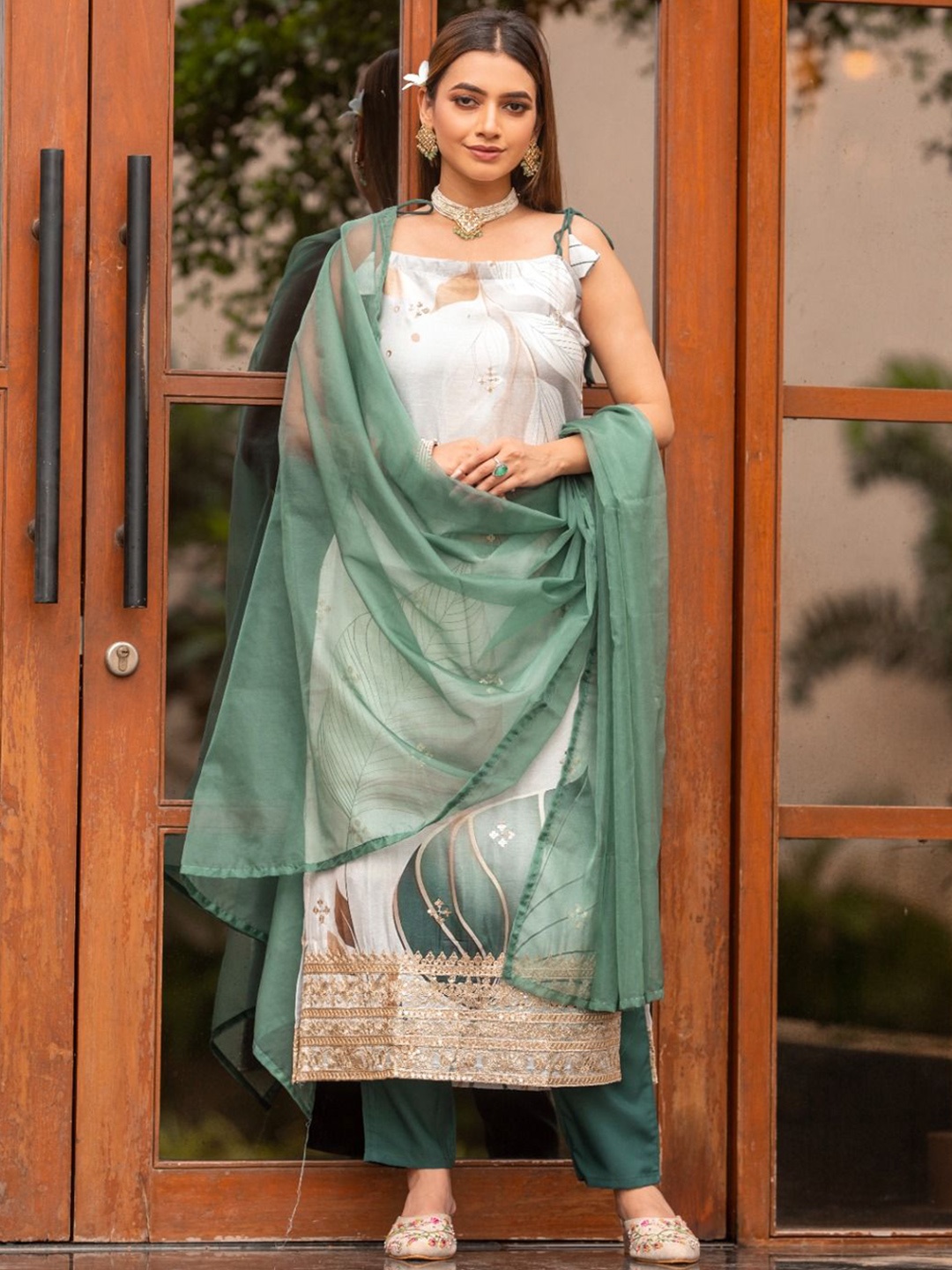 

KALINI Floral Printed Sequinned Shoulder Straps Straight Kurta with Palazzos & Dupatta, Green