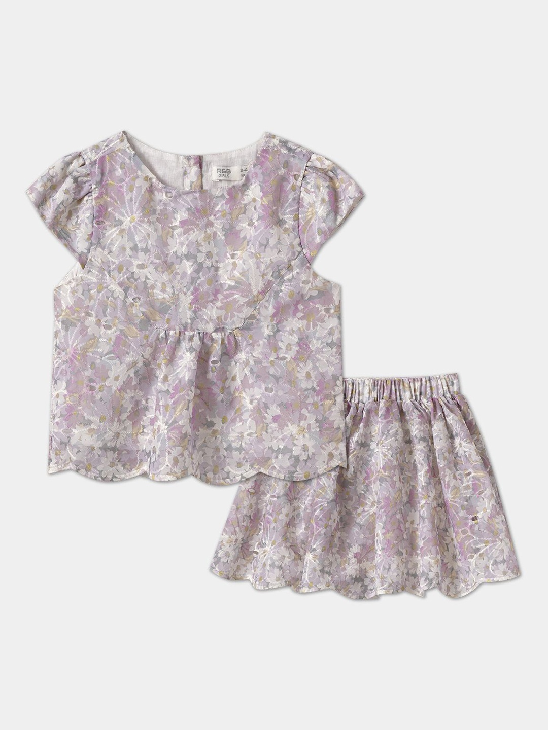 

R&B Girls Round Neck Printed Top With Skirt, White